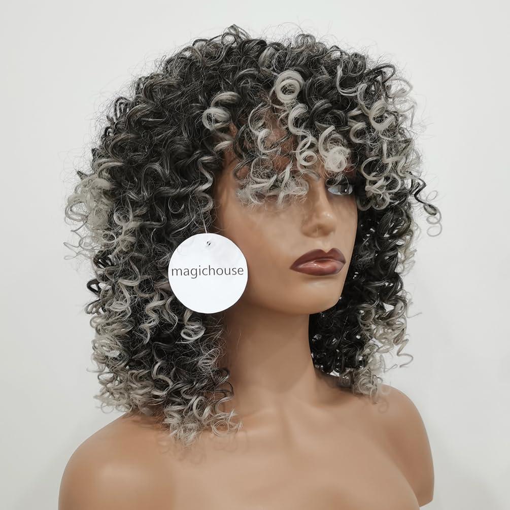 magichouse magichouse Short Curly Wig for Black Women, Bouncy Fluffy Kinky Curly Wig Soft Heat Resistant Synthetic Fiber Grey Hair, Short Curly Afro Wig for Black Women Girls (Ombre Grey)