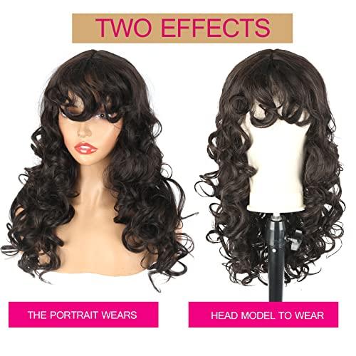 Oseti Oseti Long Brown Curly Wig with Bangs for Women Layered Synthetic Wig Brown Curly Shag Hair Wig with Bangs Cute Kinky Curly Hair Replacement Wigs for Daily Use Party Hallowmas Cosplay Wig