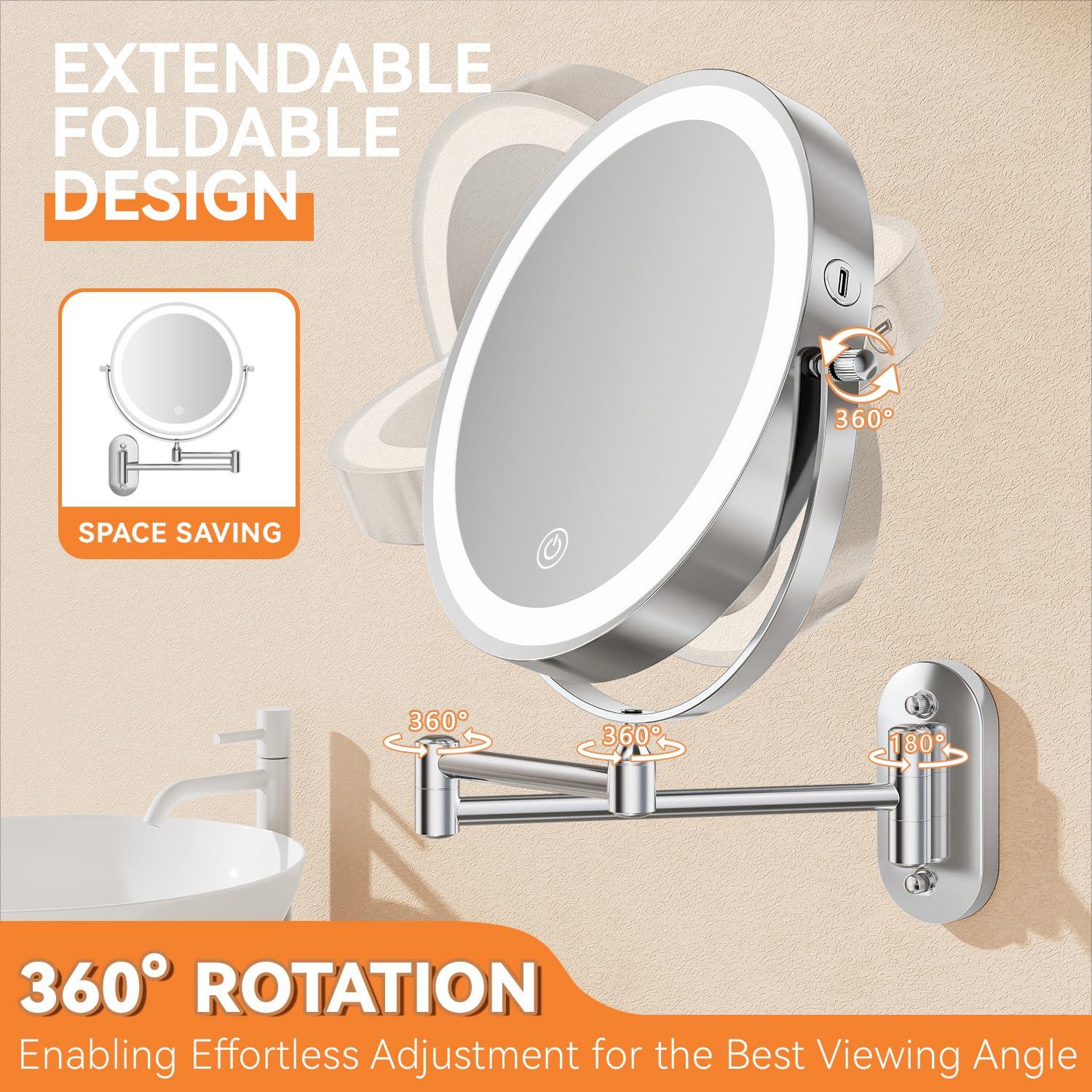 Auxmir 1X/20X Wall Mounted Makeup Mirror with Light, 8\" Double-Sided Magnifying Mirror, 3 Color Lights Touch Dimmable Vanity Mirror with 360 Extension Rotation Foldable 14.5 Inch Arm for Bathroom