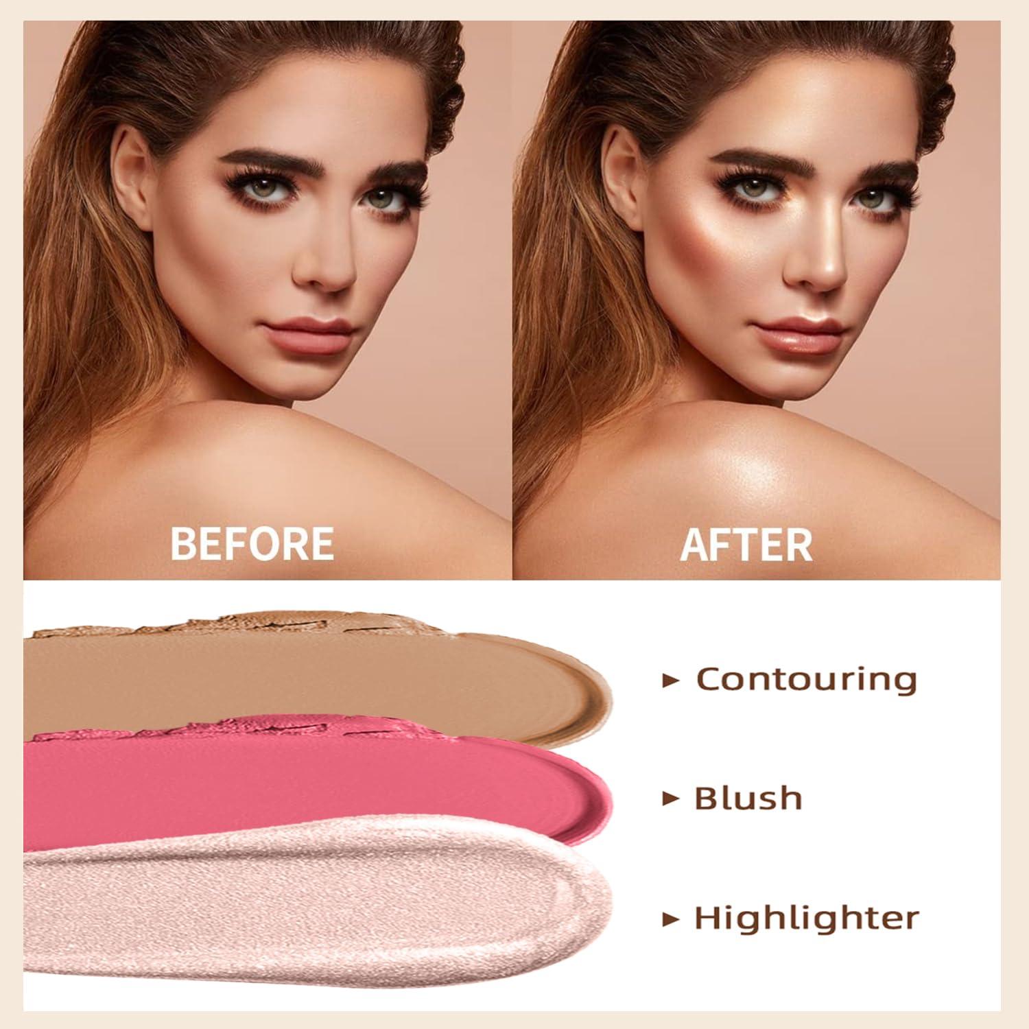 Hilareco 3 Pcs Cream Contour Stick Makeup Kit, Shades with Highlighter Stick, Blush Stick and Bronzer Contour Stick for Sculpt the Cheeks, Waterproof, Matte & Dewy Finish (Light,#01+#09+#11)