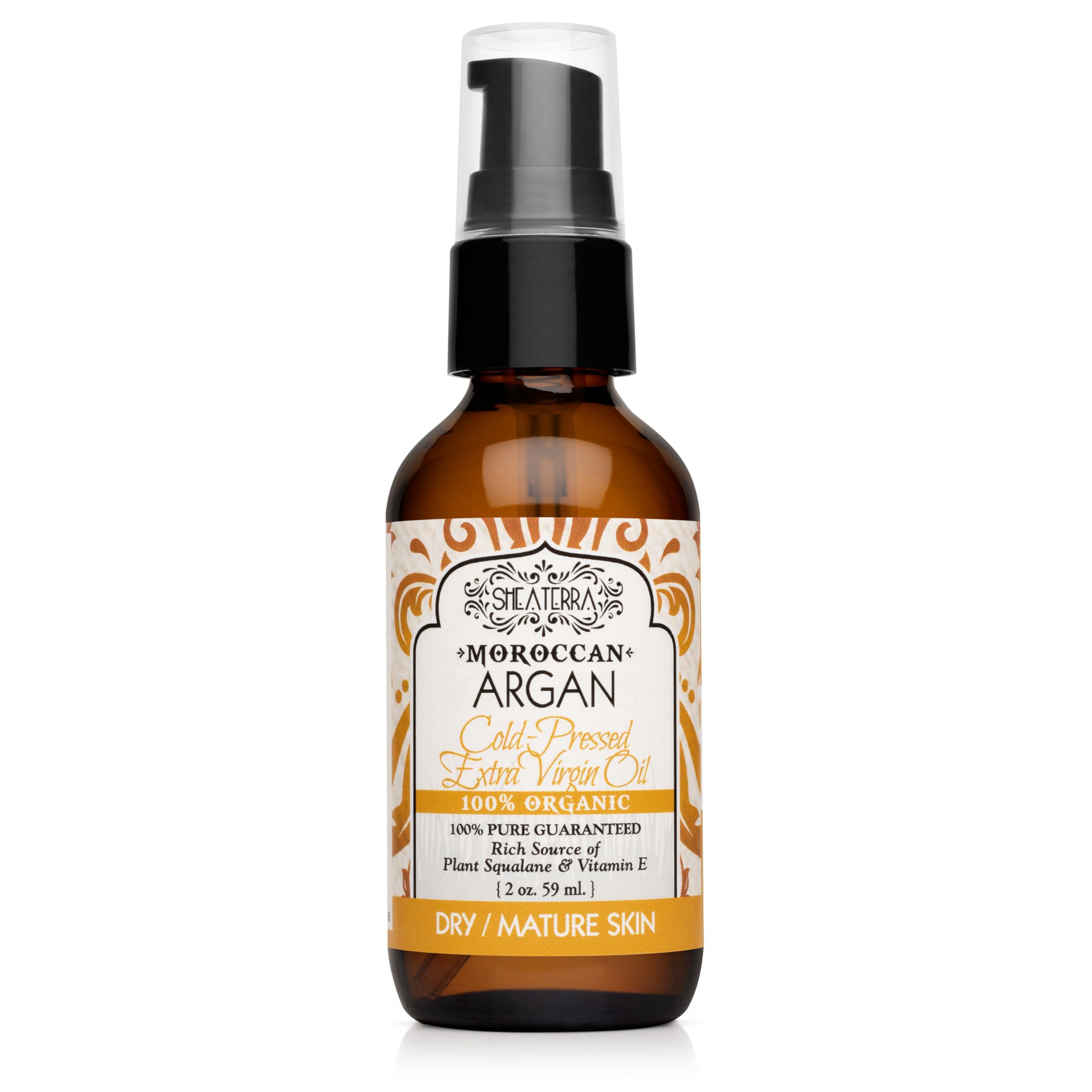 Shea Terra Organics Shea Terra Moroccan Argan Cold-Pressed Extra Virgin Oil | Nutrient-Rich, All Natural & Organic Oil with Anti-Aging Vitamin A and E to Increase Skin Elasticity for Dry, Mature Skin – 2 oz