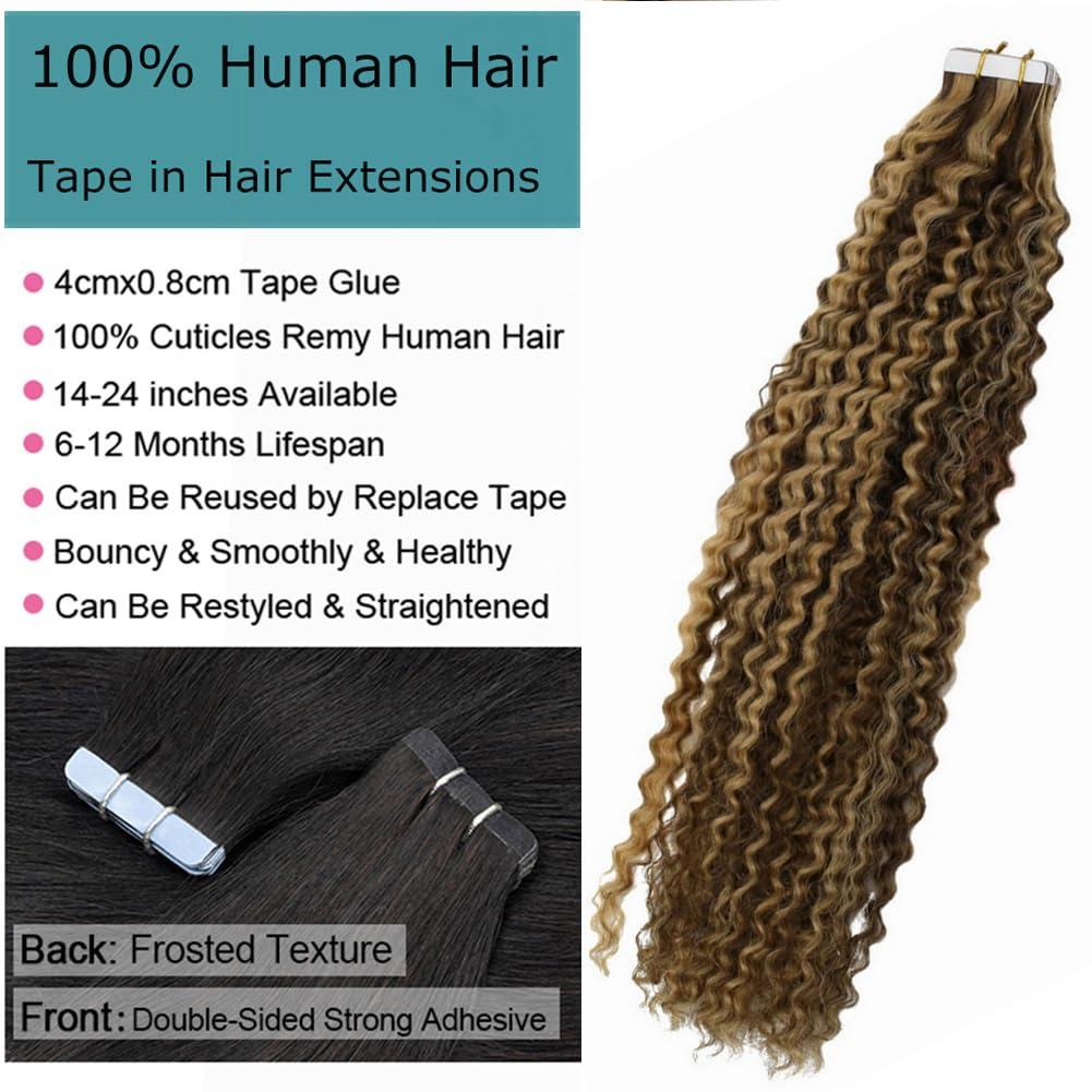 Kiss darling LASHES Jerry Curly Tape In Human Hair Extensions 10inch 100g/40pcs, Chocolate Brown Highlighted to Caramel Blonde Color Curly Hair Seamless, Reusable Tape Hair Extension