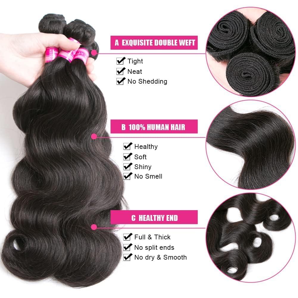 Beauty Queen Beauty Queen 16A Body Wave Bundles Human Hair 26 28 30 Inch 100% Unprocessed Thick Human Hair Bundles Brazilian Weave 3 Bundles Remy Virgin Hair Extensions Natural Color For Women