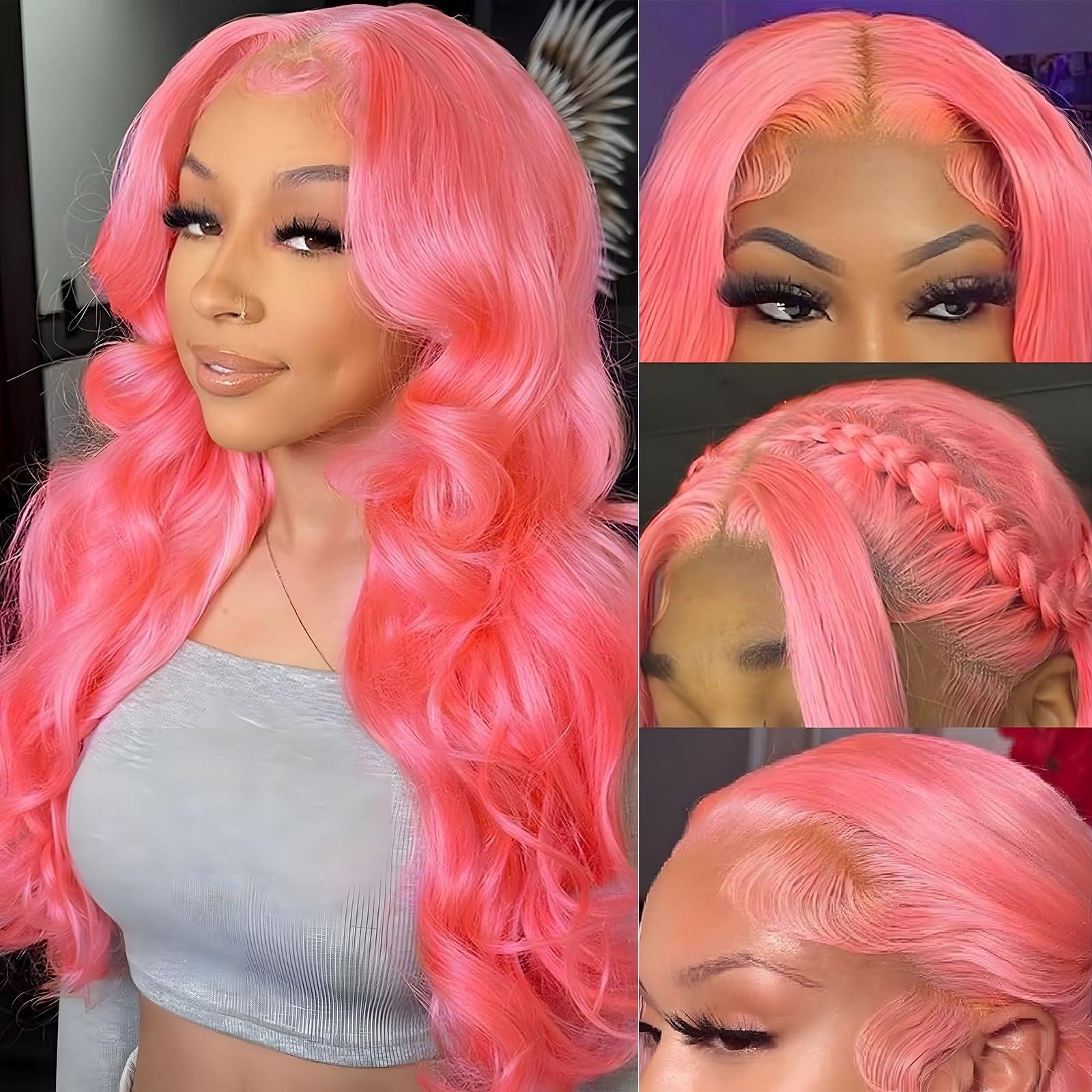 Boyusijf Pink Lace Front Wig Human Hair 13x4 HD Transparent Lace Front Body Wave Pink Wigs Human Hair for Women Pink Human Hair Lace Front Wig 180% Density Pre Plucked with Baby Hair Colored Wig 22 Inches