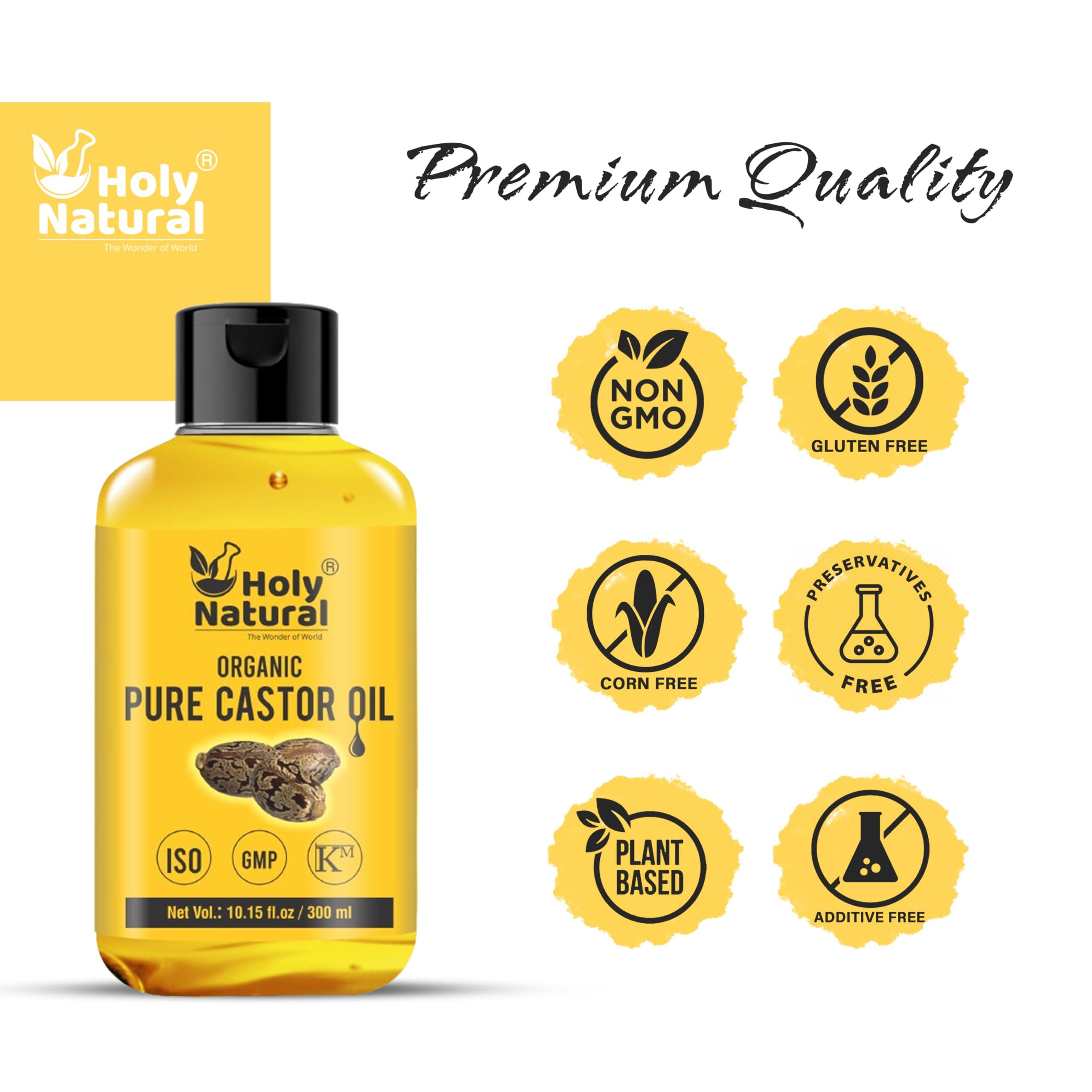 Holy Natural - The Wonder of World Organic Pure Castor Oil (10.15 floz/300 ml) USDA Certified Cold-Pressed, 100% Pure, No GMO, No Heat treatment, Hexane Free Moisturizing & Healing, For Dry Skin,Hair Growth, Massage, Lash Growth