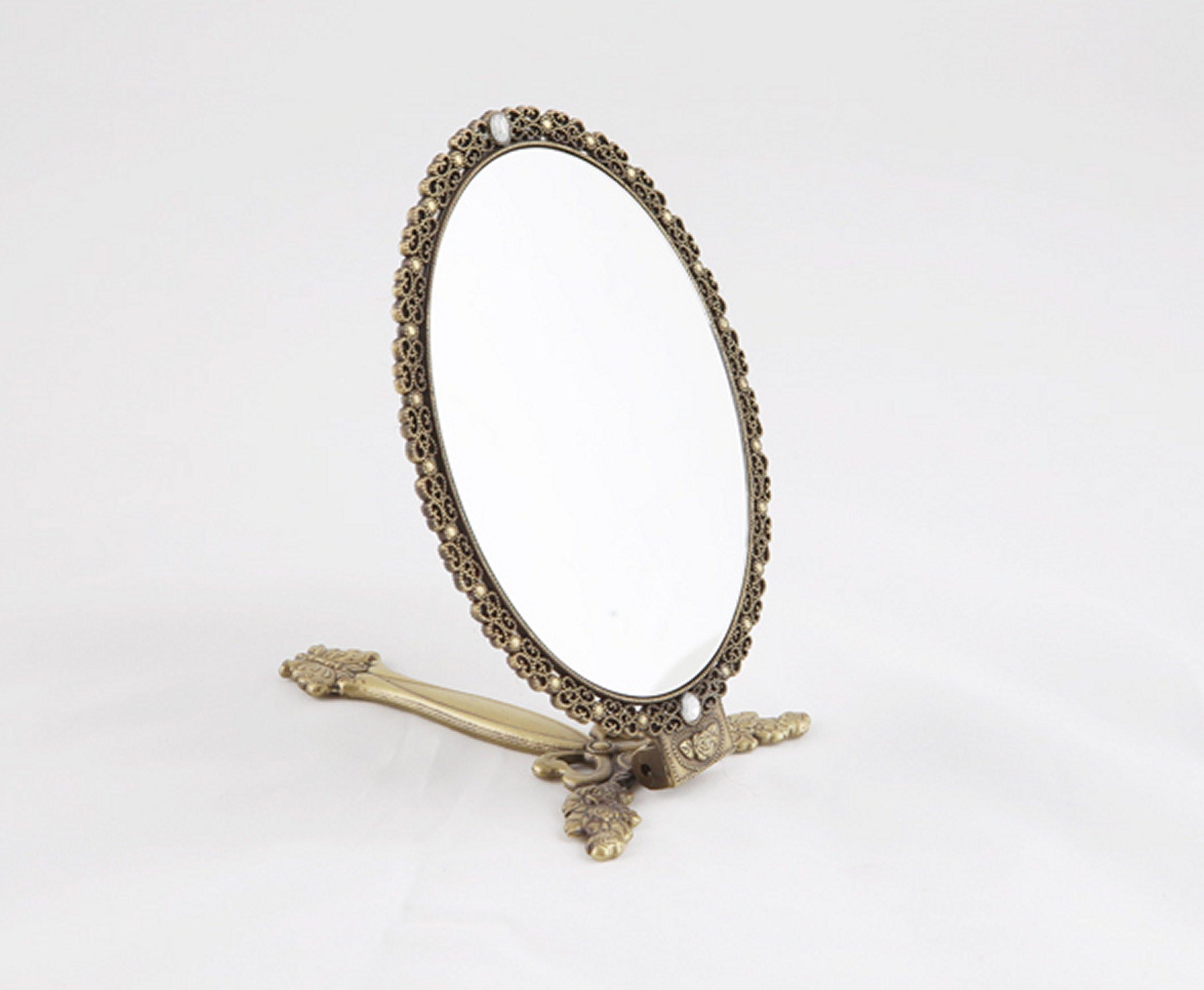 HI Industry SEHAMANO Butterfly Designed Double Sided Magnification Hand Held Makeup Metal Mirror Folding Handle Stand Travel Mirror (Medium, Brass)