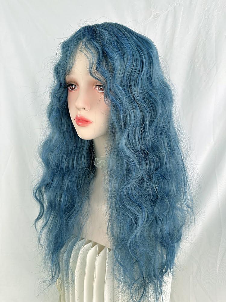 huafan luxkazya huafan luxkazya Blue Wig Long Curly Wig with Bangs Lolita Wig Long Wavy Synthetic Wig for Women Daily Party Use