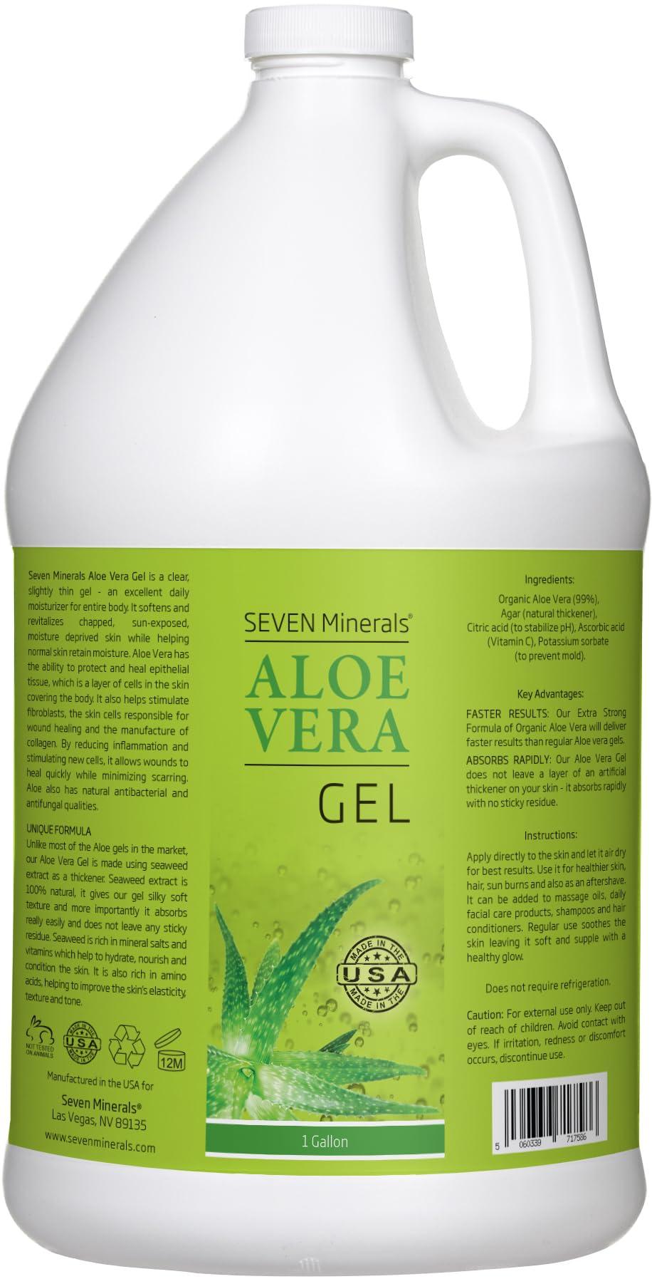 Seven Minerals Organic Aloe Vera Gel from freshly cut 100% Pure Aloe - 1 Gallon - HighestQuality, Texas grown, Vegan, Unscented - For Face, Skin, Hair, Sunburn relief - Bulk DIY (128 Fl Oz)