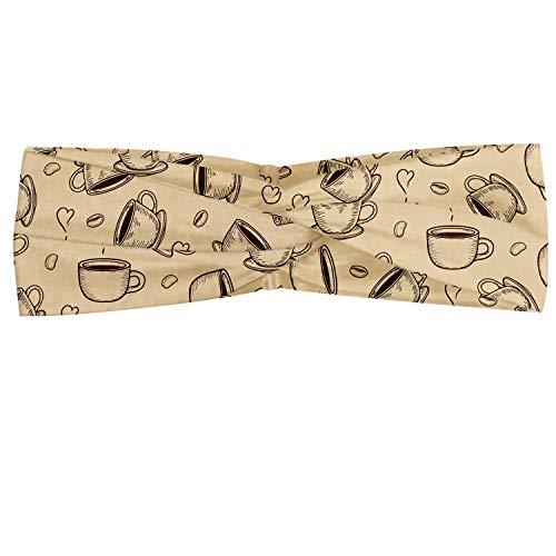 Lunarable Lunarable Coffee Headband for Women, Illustration of Sketched Coffee Beans and Steaming Cups Drawn by Hand, Elastic Comfy Hair Accessory Knotted Head Wrap Everyday Use, XS-S, Beige and Dark Brown