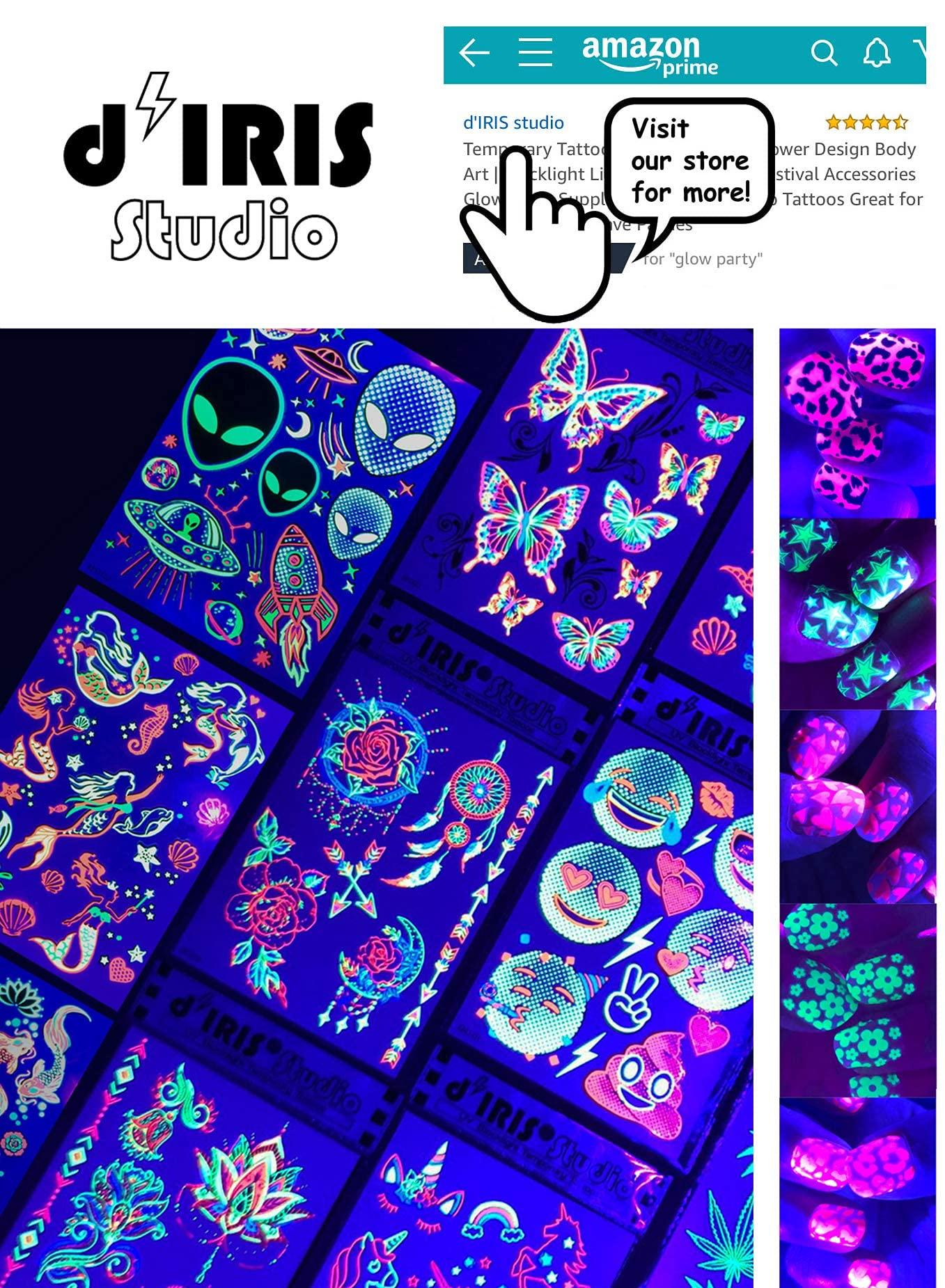 d'IRIS studio Temporary UV Blacklight Reactive Tattoos  1 Sheet Alien UFO Design Body Art Festival Accessories Glow in the Dark Party Supplies | 7.2 x 5.2 Temp Tattoos Great for EDM EDC Party Rave Parties