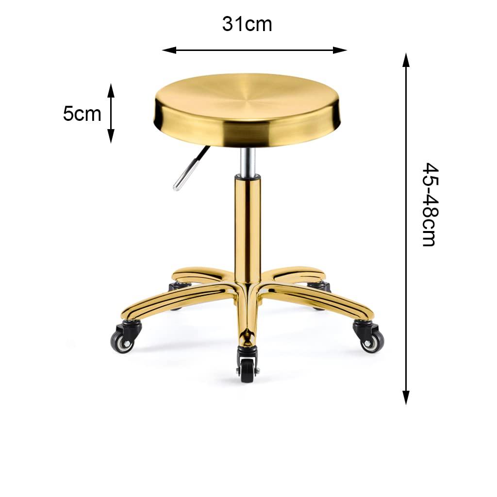 Dntum Stainless Steel Round Rolling Work Stool with Wheels,Load-Bearing 440 Ib, Heavy Duty Swivel Height Adjustable Shop Stool, Drafting Spa Salon Massage Beauty Stools Gold