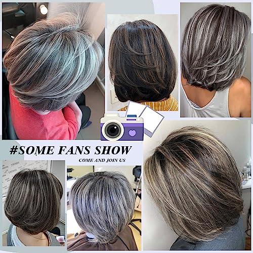 LEOSA LEOSA Short Grey Wig With Curtain Bangs BoB Layered Silver Grey Wigs for Women BOB Layered Wigs Pixie Cut Layered Wig Hair Synthetic Hair Wigs With Daily Use (Grey#)