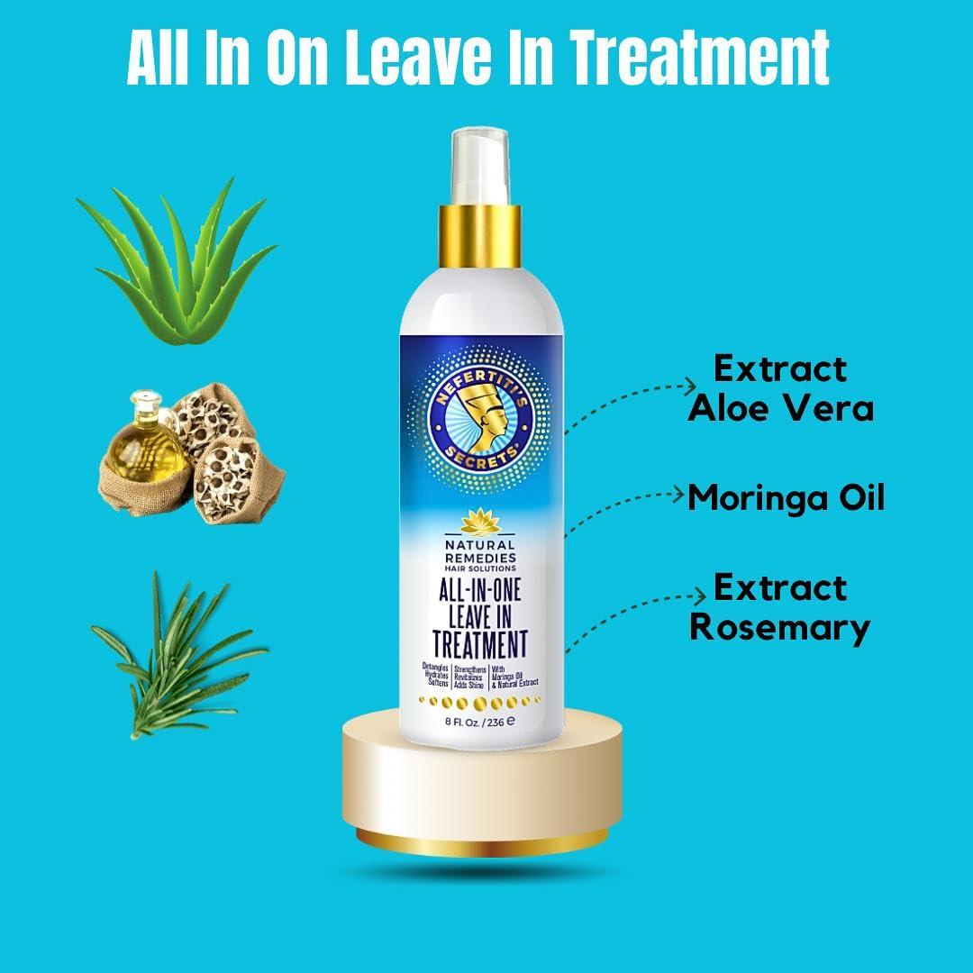 Nefertiti's Secrets Nefertiti's Secrets All In One Leave-In Treatment, Moringa Oil & Rosemary Hair Conditioner, Strengthen & Stimulates, Heat Protection Spray For Hair Growth, Travel Size Moisturizer - 8 Oz / 236 ml