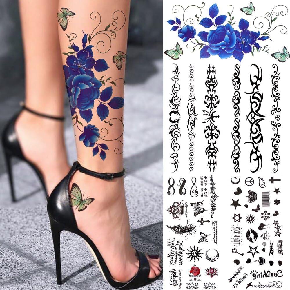TTHUONG THATHU Blue Rose Lace Temporary Tattoos Fro Women Kids Infinity Face Tattoo Feather Sticker Body Art Small Tatoo 3D