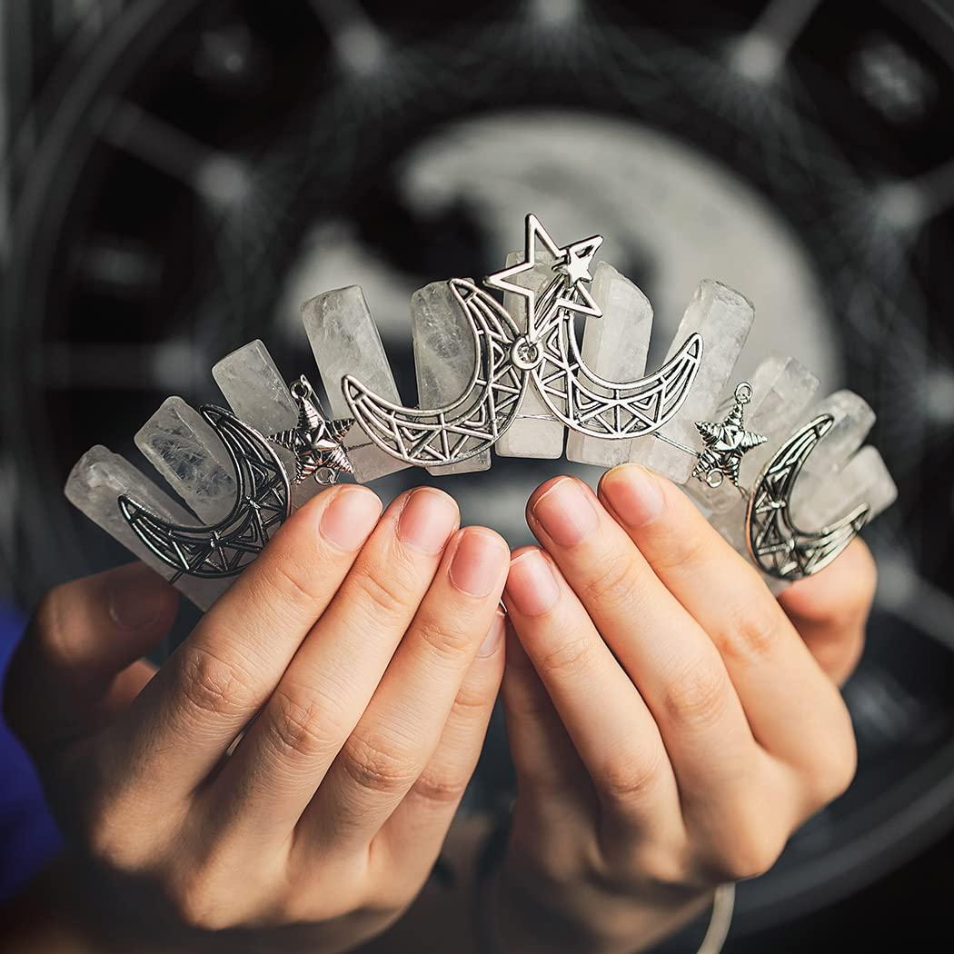 Formery Formery Star White Quartz Headband Silver Crescent Moon Natural Stone Crown Hairband Halloween Cosplay Wedding Crystal Tiara Headpiece for Women