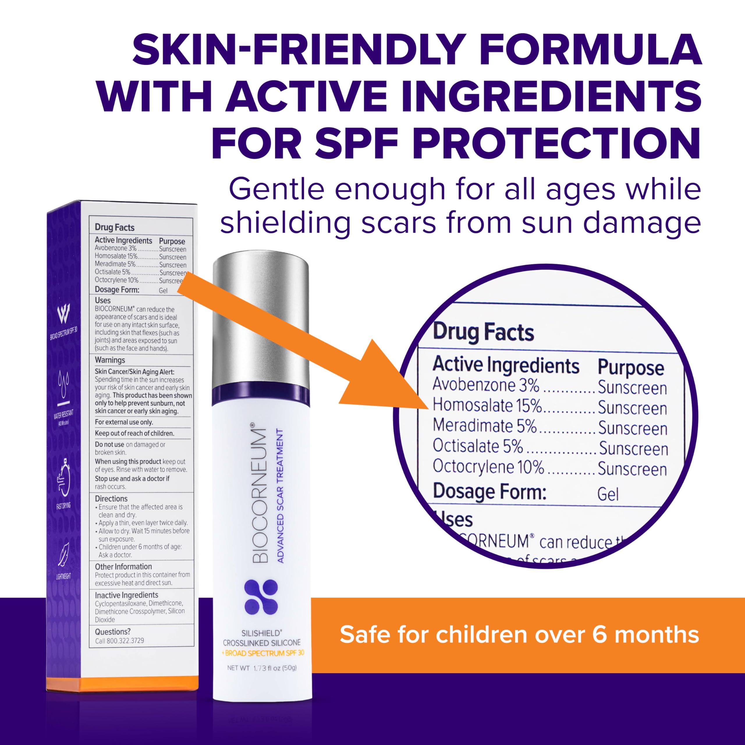 bioCorneum Advanced Scar Treatment with Silishield & SPF 30 20g Made in the USA, Fast-Drying, Water-Resistant Silicone Scar Gel - Surgeon Recommended for New & Old Scars - Suitable for Children Over 6 Months