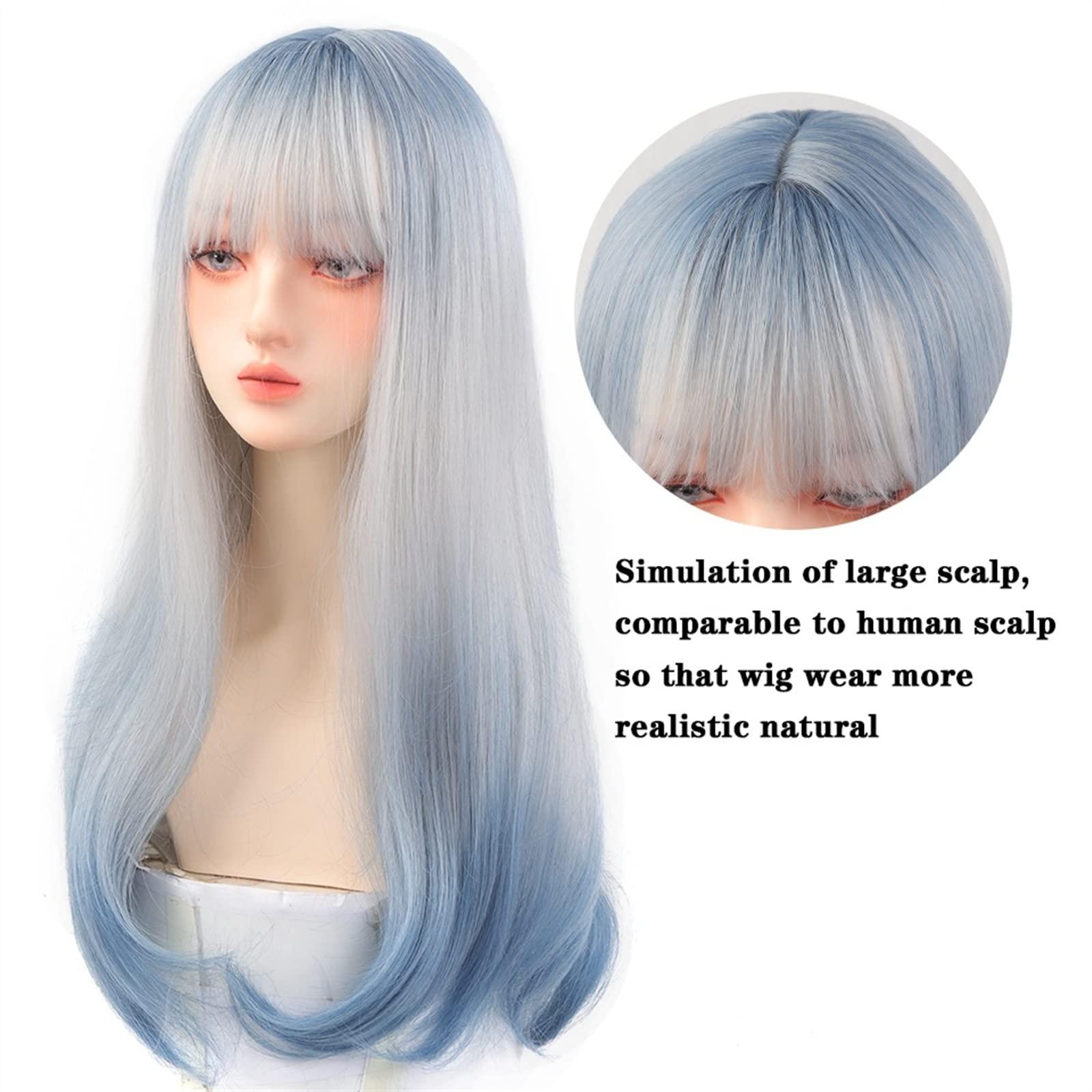 SISWIM Hair Wigs human hair Silver White Wigs with Bangs Long Natural Wavy Synthetic Wigs for Women Blue Roots Ombre Silver White Heat Resistant Fiber Wigs for Daily Cosplay Natural Wigs for women High Densi