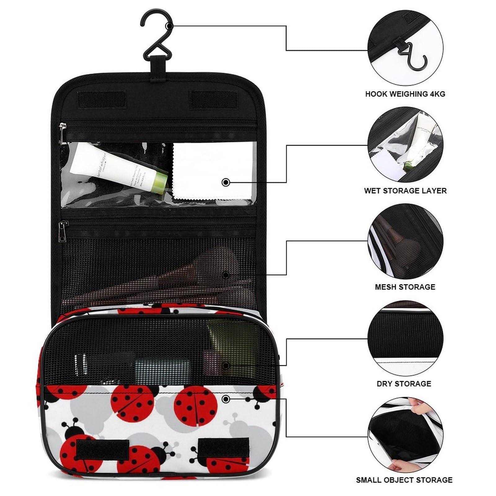 Meaudiwes Travel Hanging Toiletry Bag, Makeup Bag, Organizer Extra Large Toiletries Bag, Multifunction Cosmetic Bag For Women Men Compatible with Red Black Dots Ladybugs Pattern