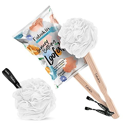FABSKIN FABSKIN Luxury Bath Loofah Duo Pack | Peach | Loofah For Men and Women | Bath Brush Body Back Scrubber With Wooden Handle For Bathing With Round Loofah | Made In India (White)