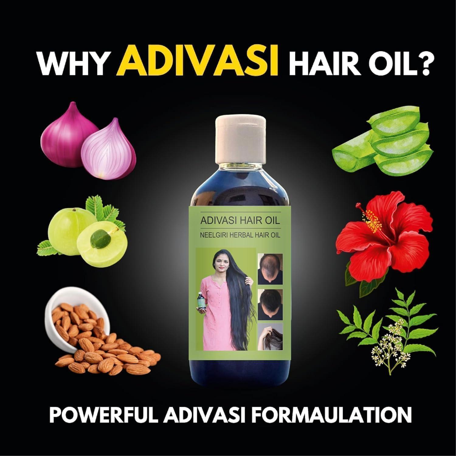 India Adiwasi Neelgiri Herbal Hair Oil with infusion of 108 Types of Herbs for Hair Growth, Anti Hair fall & Anti Dandruff Oil | Suitable for All Hair Types (Pack of 2), Black, Clear