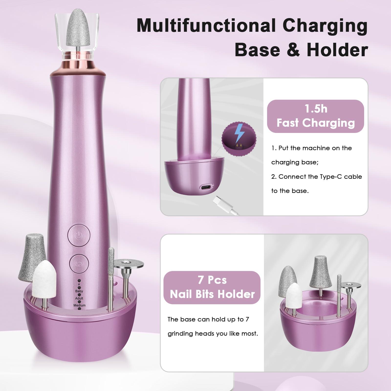 Rolokit Professional Manicure Pedicure Kit with Charging Base, Cordless Electric Nail Drill Set with 5PCS Drill Bits, 5 Speeds Electric Nail File Machine, Hand Foot Care Grinder Tool for Thick Nail Acrylic