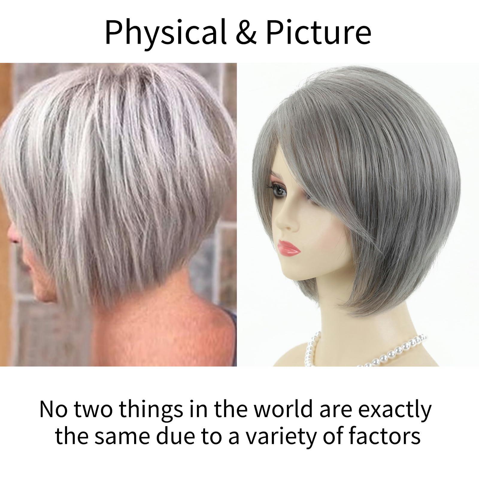 RENERSHOW RENERSHOW Layered Bob Short Gray Wigs for Women Mixed Gray Cute Straight Pixie Bob Wig Synthetic Haircuts Grey Side Part Inverted Bob Wig Natural