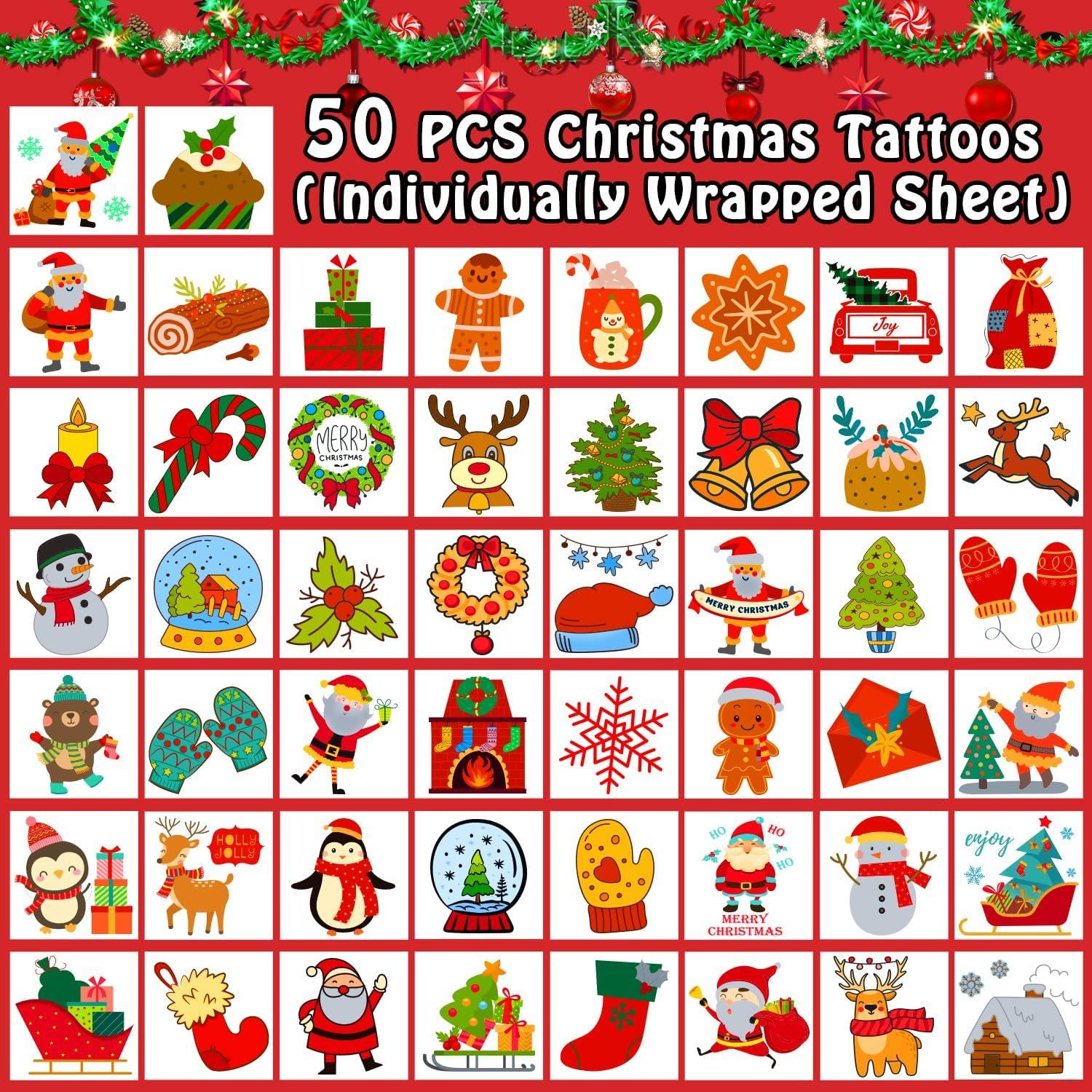 PARTYWIND Partywind Kids Christmas Party Supplies, 50 Styles Individually Cut Temporary Tattoos for Christmas Stocking Stuffers, Christmas Holiday Party Decorations with Santa/Snowman/Snowflake