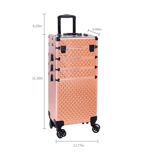 sheeroy sheeroy 4 in 1 Rolling Makeup Case, Cosmetic Train Case Trolley Traveling Make Up Cart with Key Swivel Wheels for Makeup Artist, Hairstylists, Nail Tech Stylist - Rose Gold