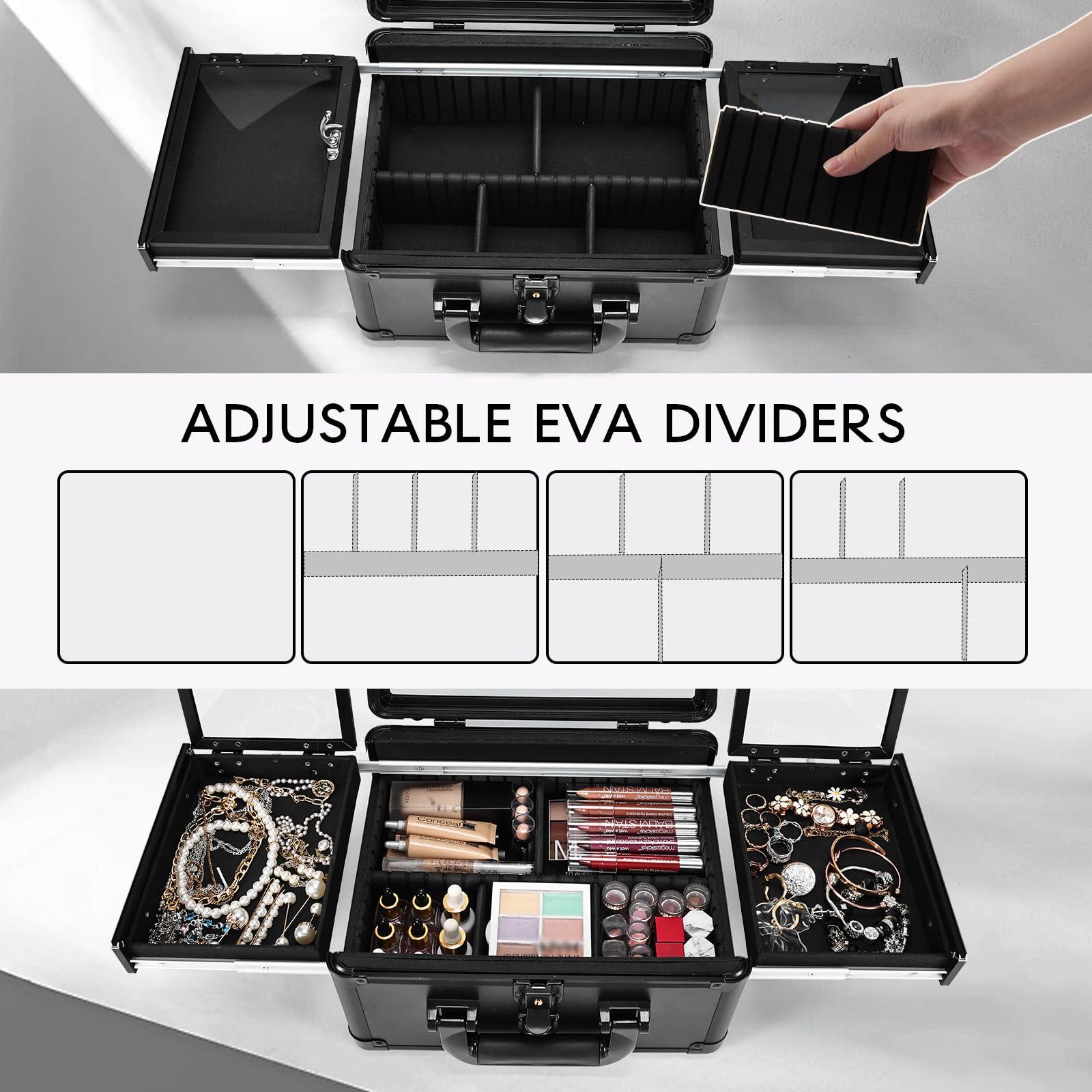 Faquenc Faquenc Travel Makeup Case With LED Mirror, Makeup Train Case with Light up Mirror, Artist Portable Makeup Organizer Bag with Adjustable Dividers, Fold-out Trays for Jewelry Storage, Black