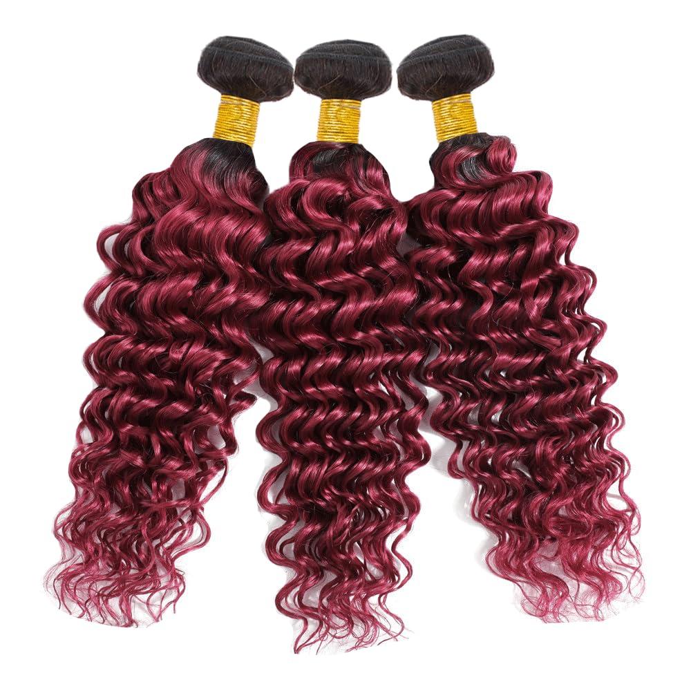 YOUNGHANN 26 28 30 Inch Ombre Bundles Human Hair 1b99j Deep Wave Human Hair Bundles Two Tone Black And Red Bundles Brazilian Burgundy Deep Wave Bundles Hair Weave