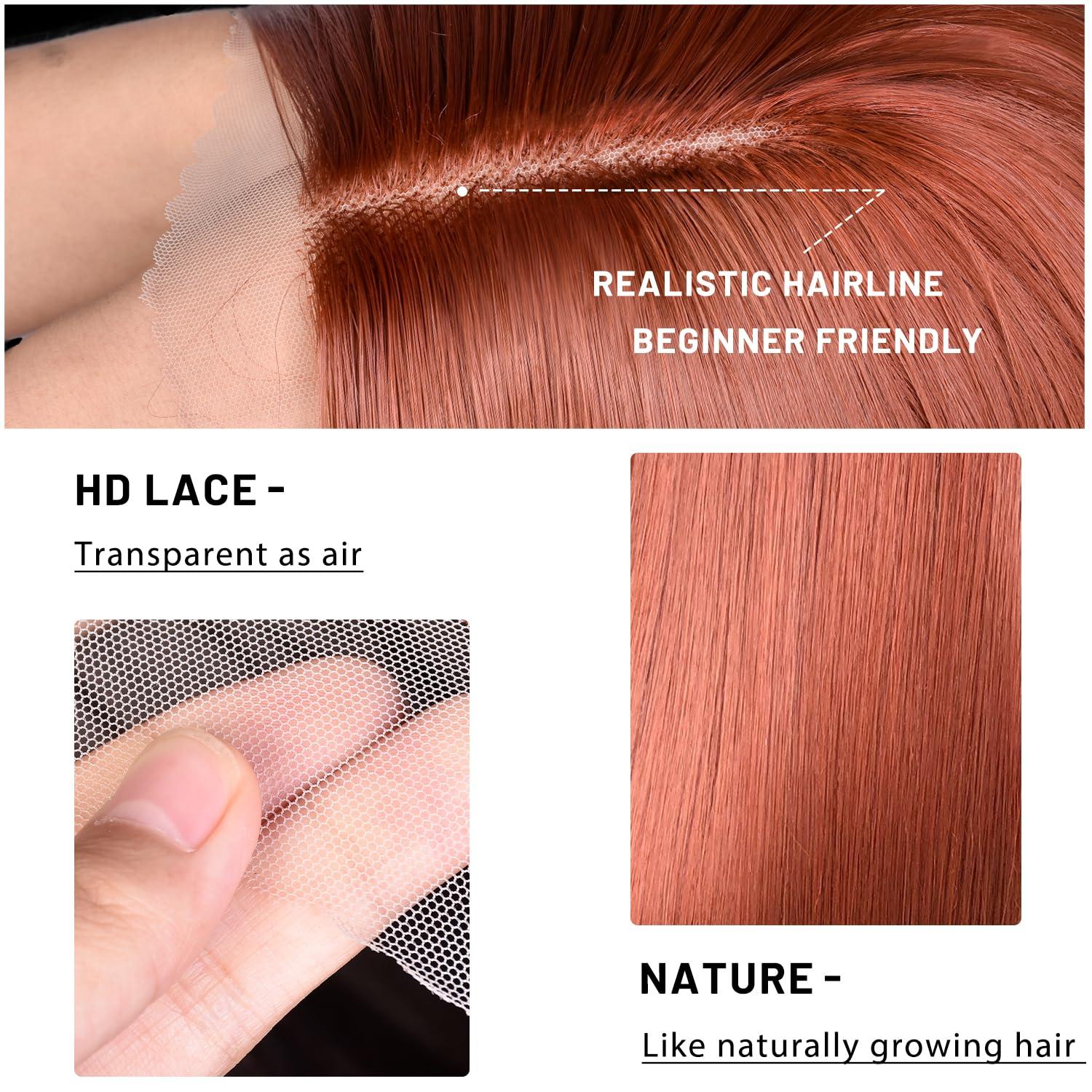MURAME MURAME 26Inch Lace Front Ginger Wig,Pre-Plucked 13x4x1 Synthetic HD Lace Front Wigs for Women Long Straight Glueless Ready to Wear Wig Orange Ginger Wig