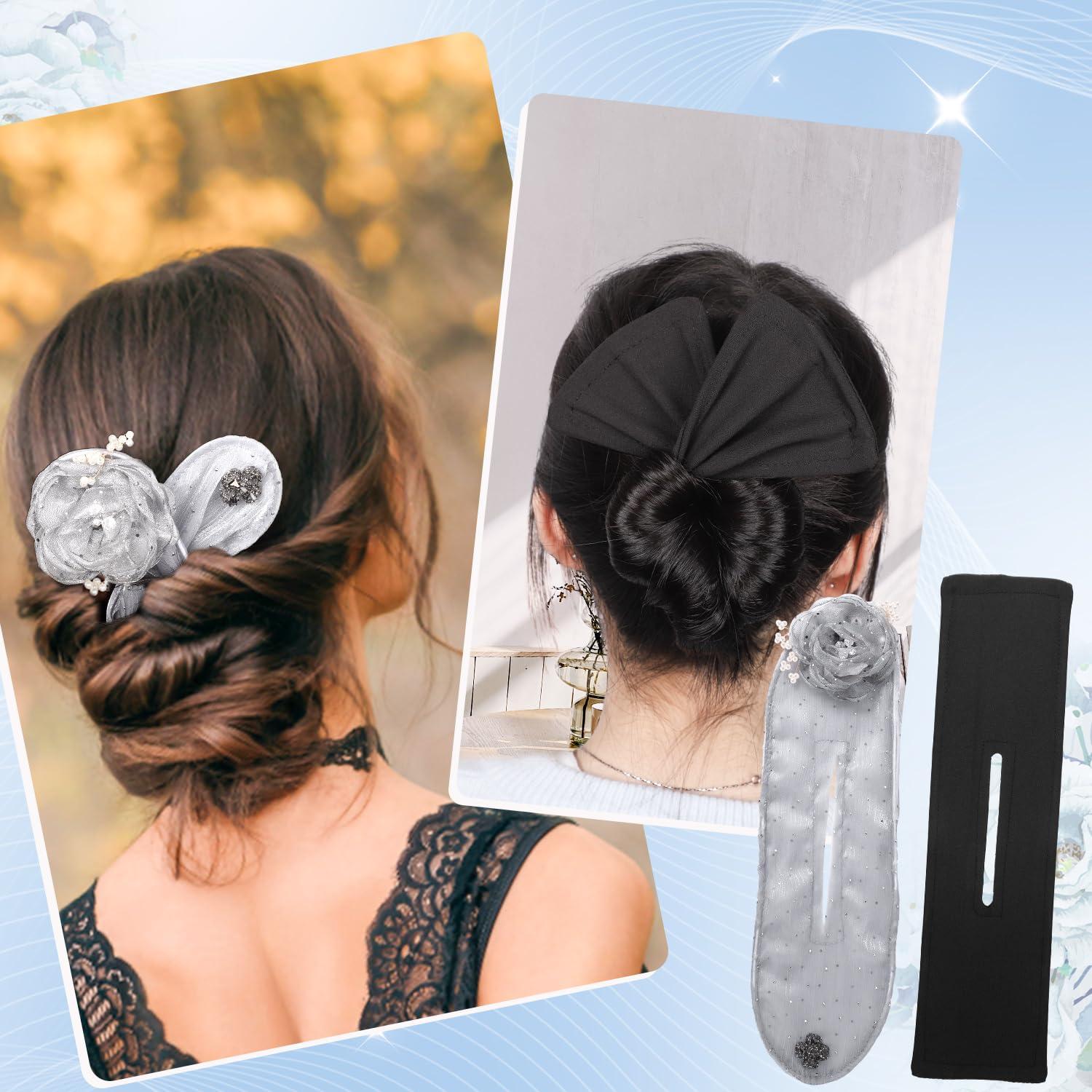 lasuroa 2pcs Ball Hair Clips, Flower Hair Bun Roller French Twist Hair Bun Maker Elegant Lazy Hair Curler Deft Bun Hairstyle Tool Hair Bun Accessories for Women & Girls Long Hair (Grey+Black)