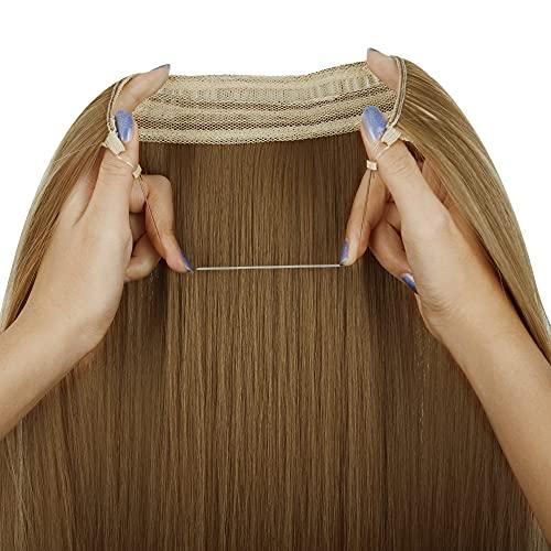 FUT_Forever Straight Hair Extensions Ginger Brown Mix Bleach Blonde Highlight 22 Inch 4.2 Oz Long Synthetic Hairpieces Invisible Wire Headband for Women Heat Resistant Fiber No Clip
