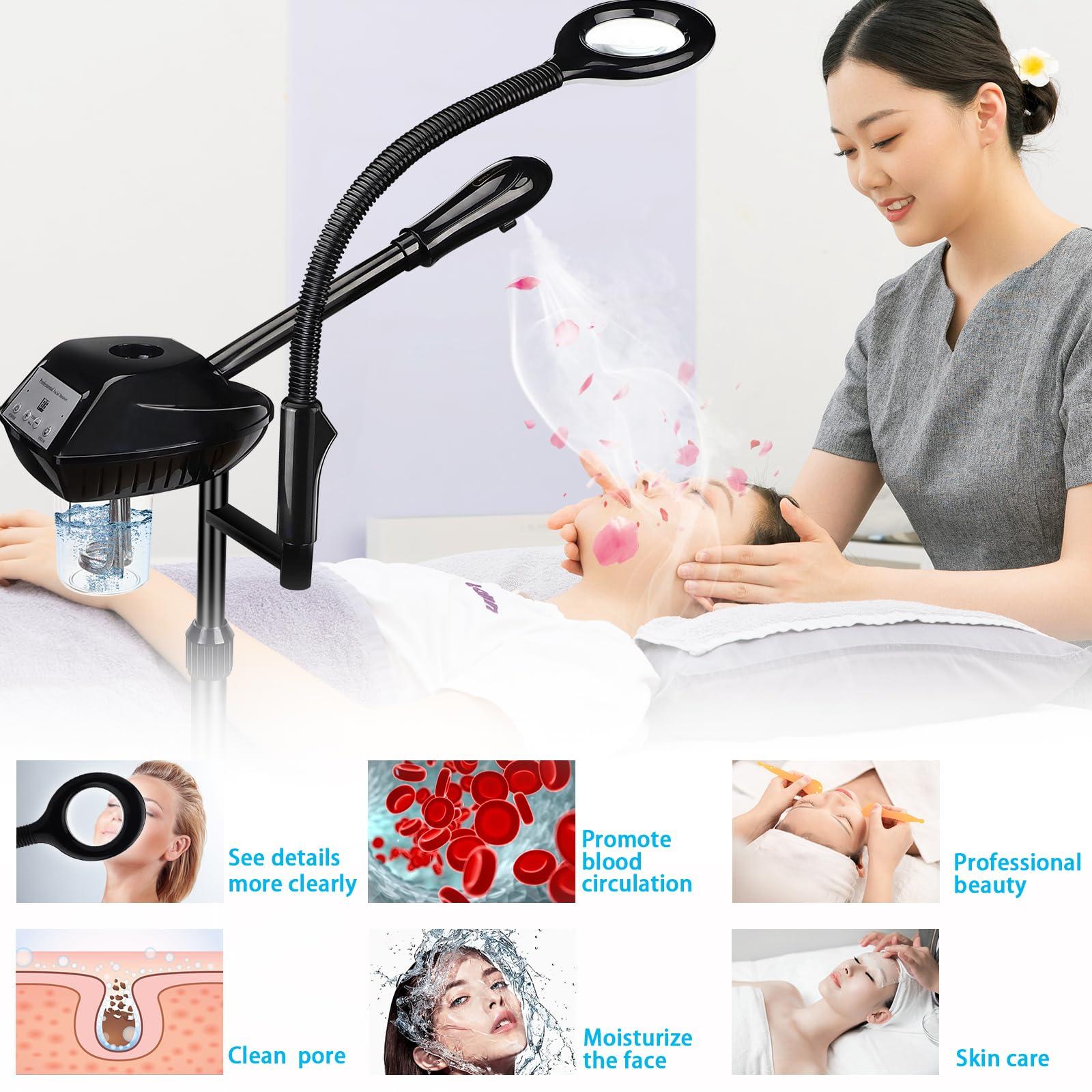 Fuehomue Professional Facial Steamer, 2-in-1 Facial Steamer with 5X Magnifying Lamp, Ozone Facial Steamer for Facial Deep Cleaning, Facial Steamer on Wheels, Stand Facial Steamer for Spa, Salon and at Home Use