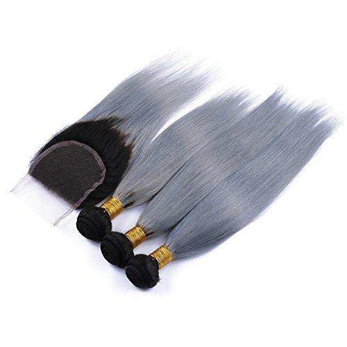 Ruma Hair Ruma Hair Dark Roots Silver Grey Ombre Virgin Hair Weave With Closure 4Pcs Lot Two Tone 1B Grey Ombre Human Hair 3 Bundles With 1Pc Straight 4x4 Lace Top Closure (20 with 22 24 26)