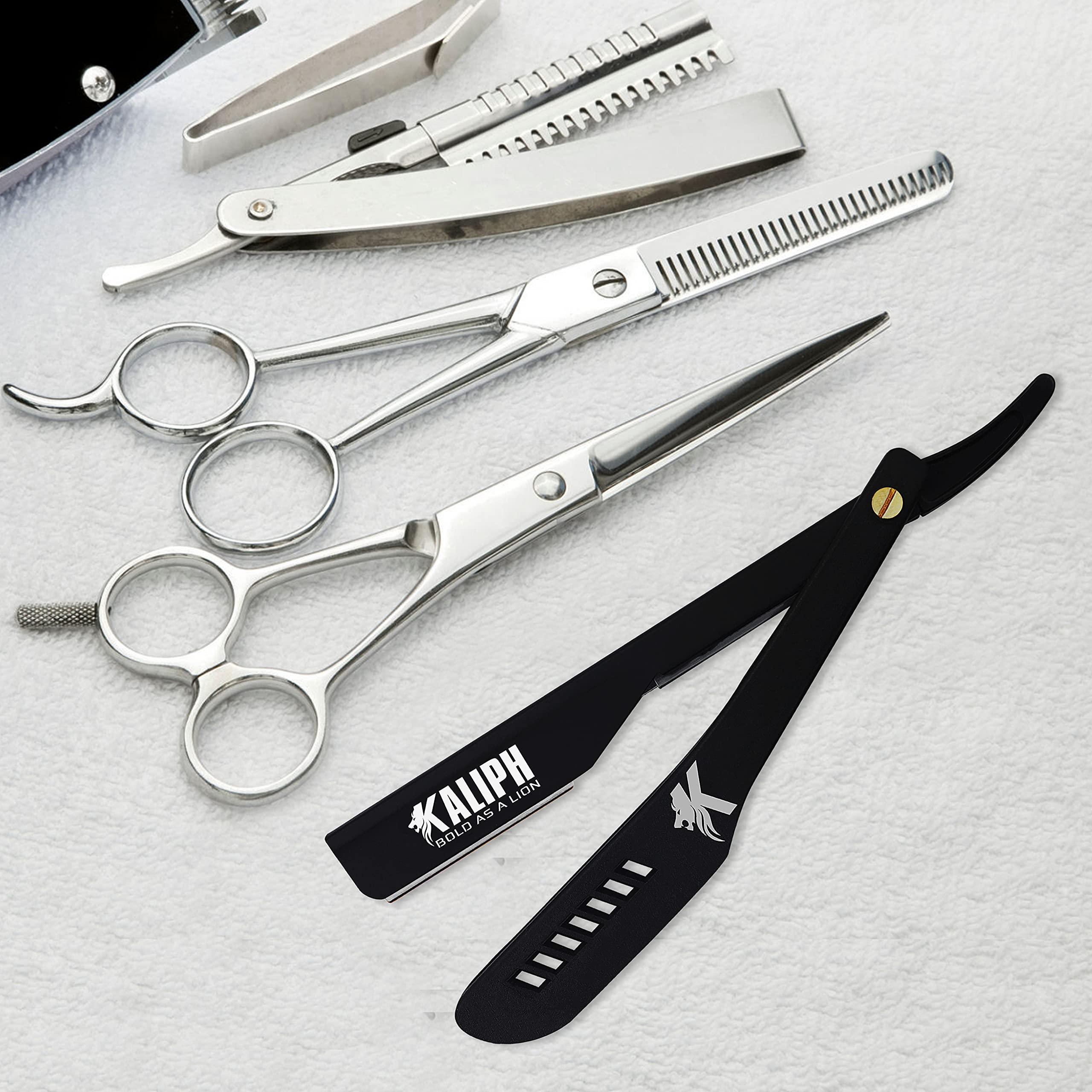 KALIPH Kaliph Professional Straight Razor For Men - Premium Pack of 2 Straight Edge Barber Razor With 100 Blades - Smooth Shaving Men's Manual Cut Throat Shaver Safety Kit (Black)