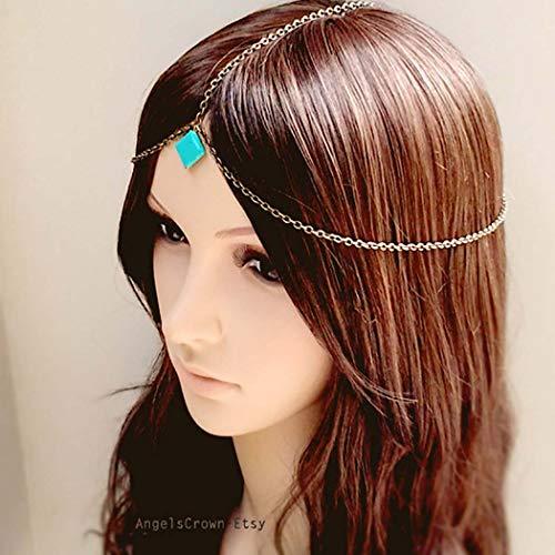 Bomine Bomine Boho Head Chain Forehead Turquoise Hair Chain Festival Headpieces Hair Acessories for Women and Girls (Silver)