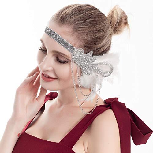Barode Barode 1920s Flapper Feather Headband Roaring 20s Gatsby Headpiece Prom Festival Vintage Hair Accessories for Women and Girls (White)