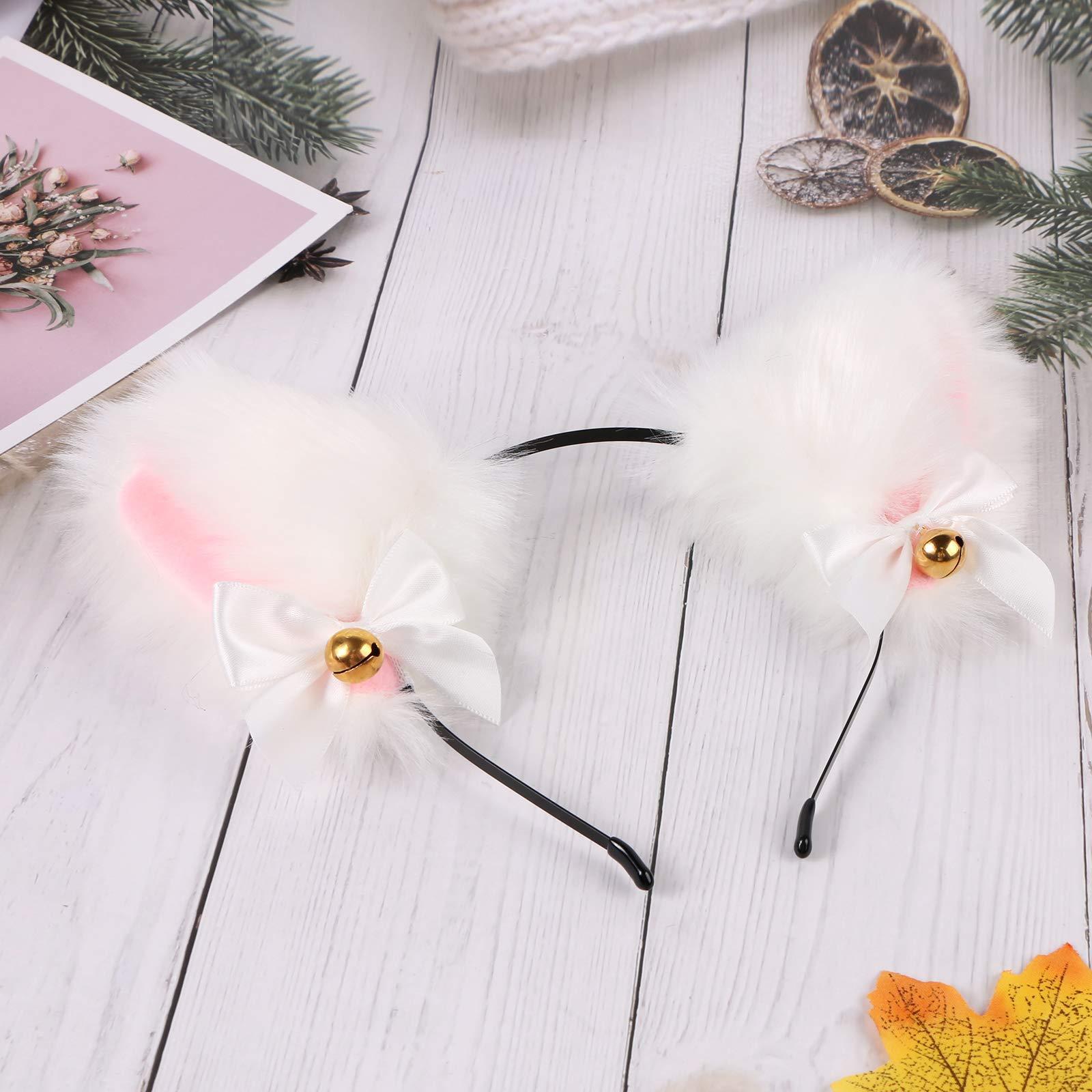 EVERMARKET Faux Furry Anime Faux Fur Fox Ear Headband with Bells, Plush Neko Cosplay Accessory for Halloween Costume Party Fancy Dress (White-Pink)