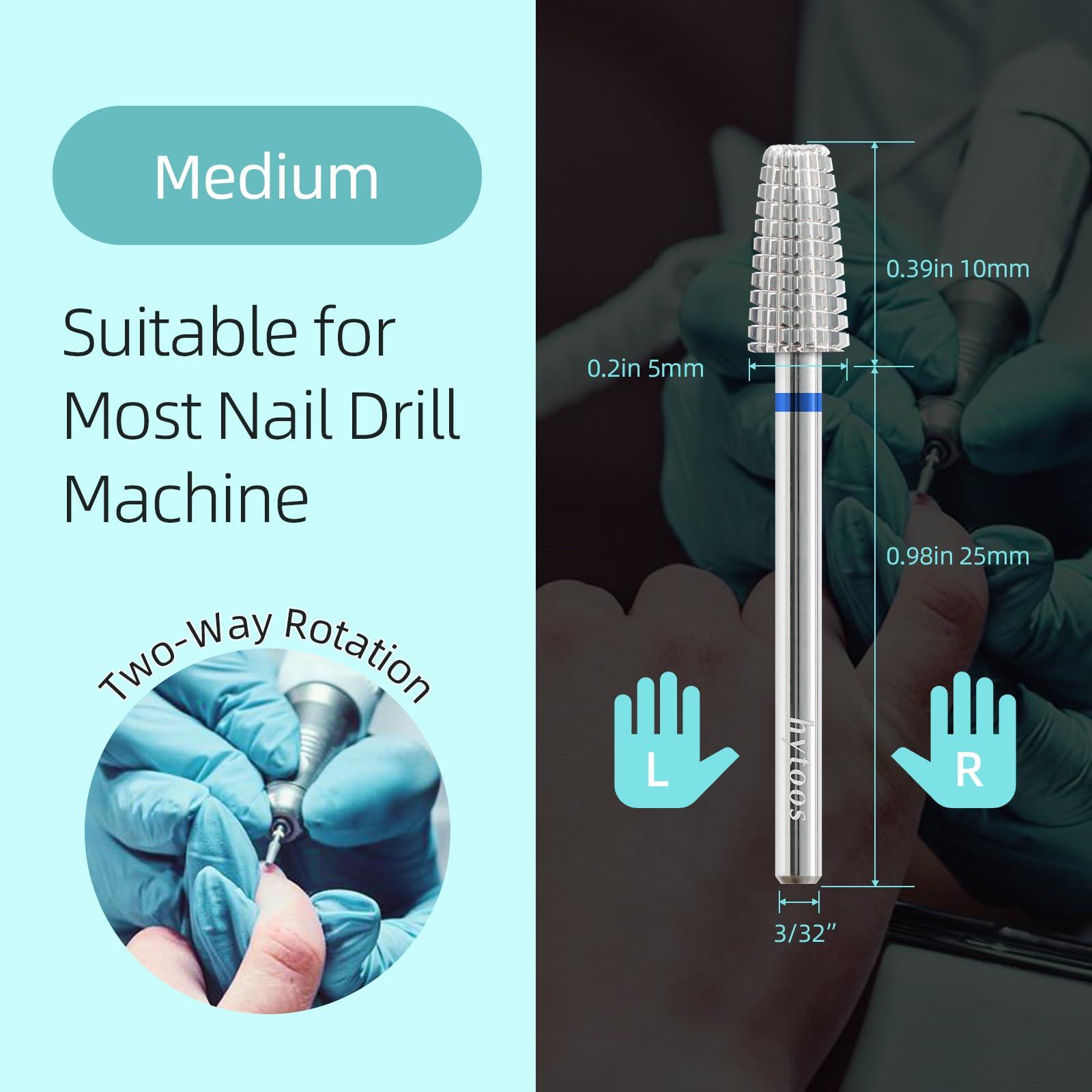 hytoos HYTOOS Mini 5 in 1 Nail Drill Bit, 10mm Tapered Drill Bits for Nails, 3/32\" Two-way Professional Safety Carbide Nail Bits, Electric Manicure Acrylic Gel Polish Cuticle Clean Removal Tool, Medium