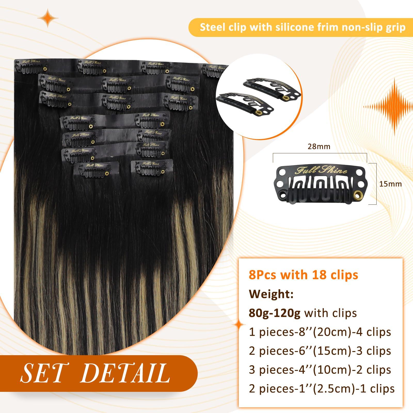 Full Shine Full Shine Human Hair Extensions Balayage Clip in Hair Extensions Off Black to Black With Caramel Blonde Hair Extensions Real Human Hair PU Weft Straight Black Blonde Hair Extensions 120Grams 18 Inch