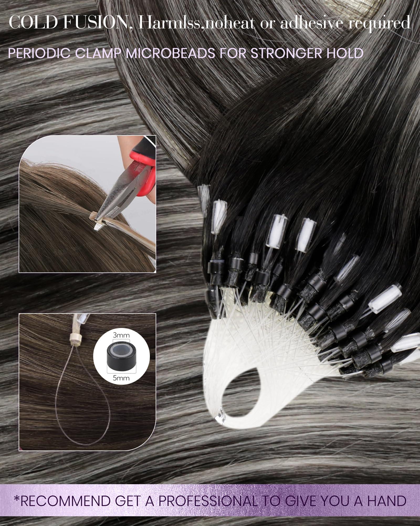 LAAVOO LaaVoo Micro Loop Hair Extensions Real Human Hair Balayage Micro Link Hair Extensions Human Hair Ombre Natural Black to Grey Silver Micro Hair Extensions Human Hair 16in 50g 50s