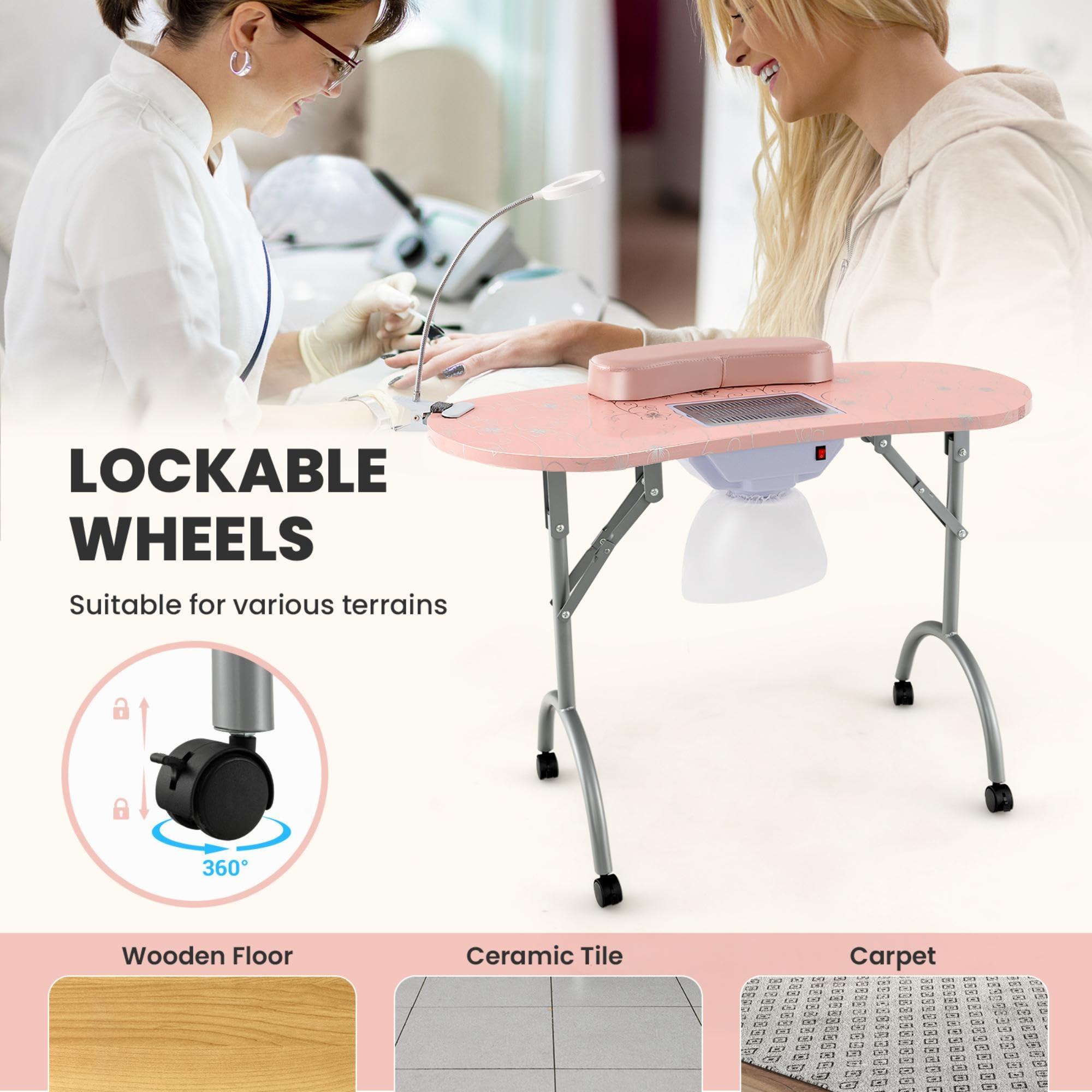 CHEFJOY CHEFJOY Portable Manicure Table, Foldable Nail Desk w/Electric Residue Collector, Bendable LED Lamp, Removable Armrest Pad, Lockable Wheels, Foldable Nail Table w/Carry Bag for Home, Salon, Pink