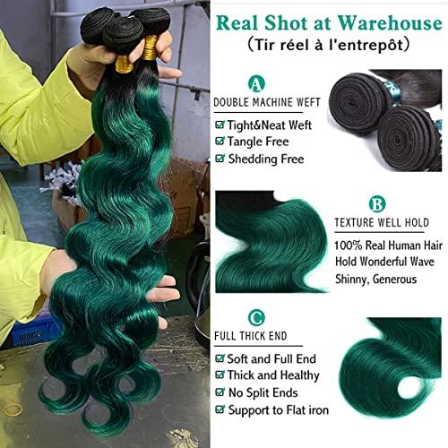 SEXAY SEXAY Hair 1b/Green 10A Brazilian Ombre Body Wave Weave Virgin Hair 3 Bundles 100% Human Hair Bundles, Green Remy Hair Extensions T1b/Green Color (18 20 22)