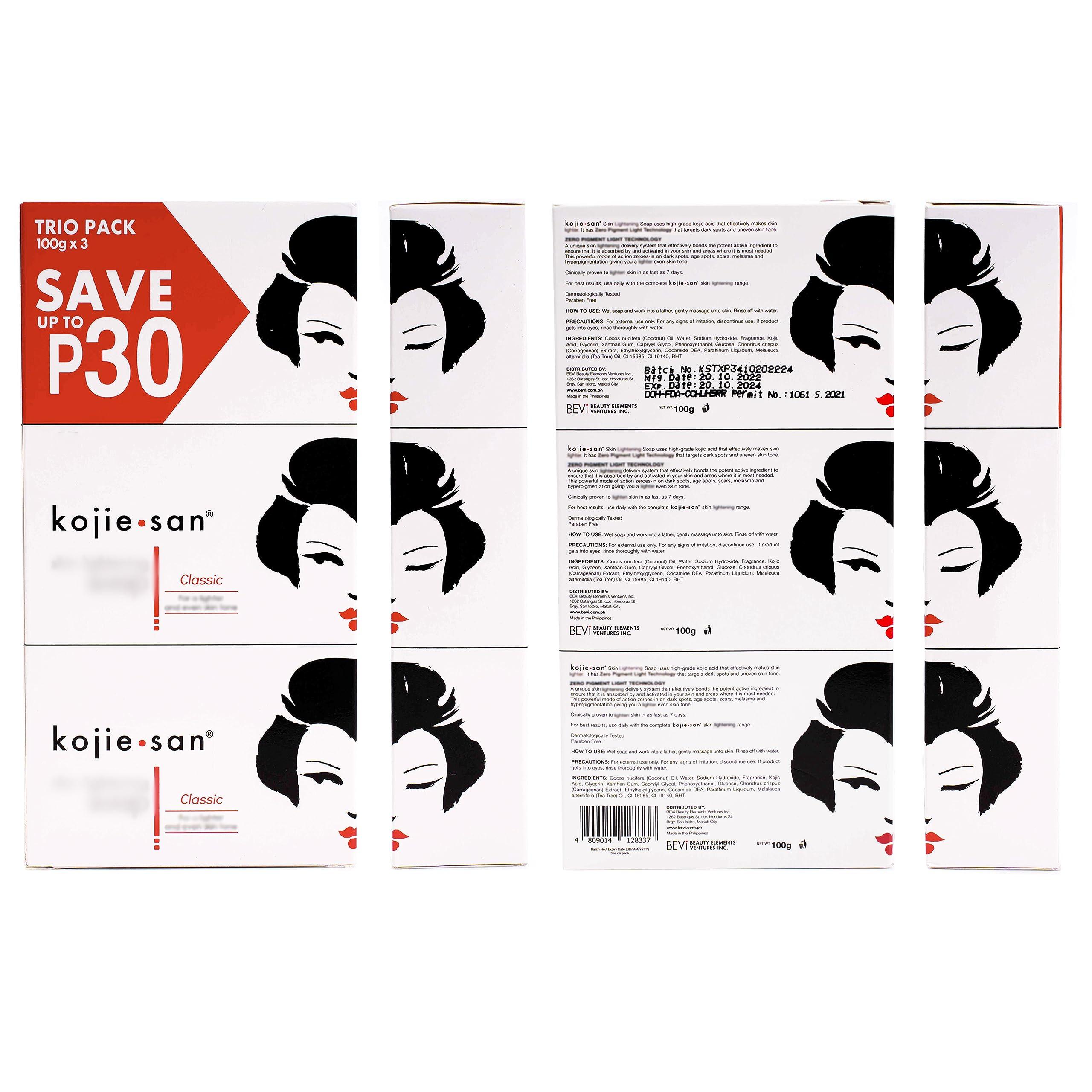 Kojie San Kojie San Skin Brightening Soap - Original Kojic Acid, Dark Spot Remover Bar Soap with Coconut & Tea Tree Oil 100g x 3 Bars