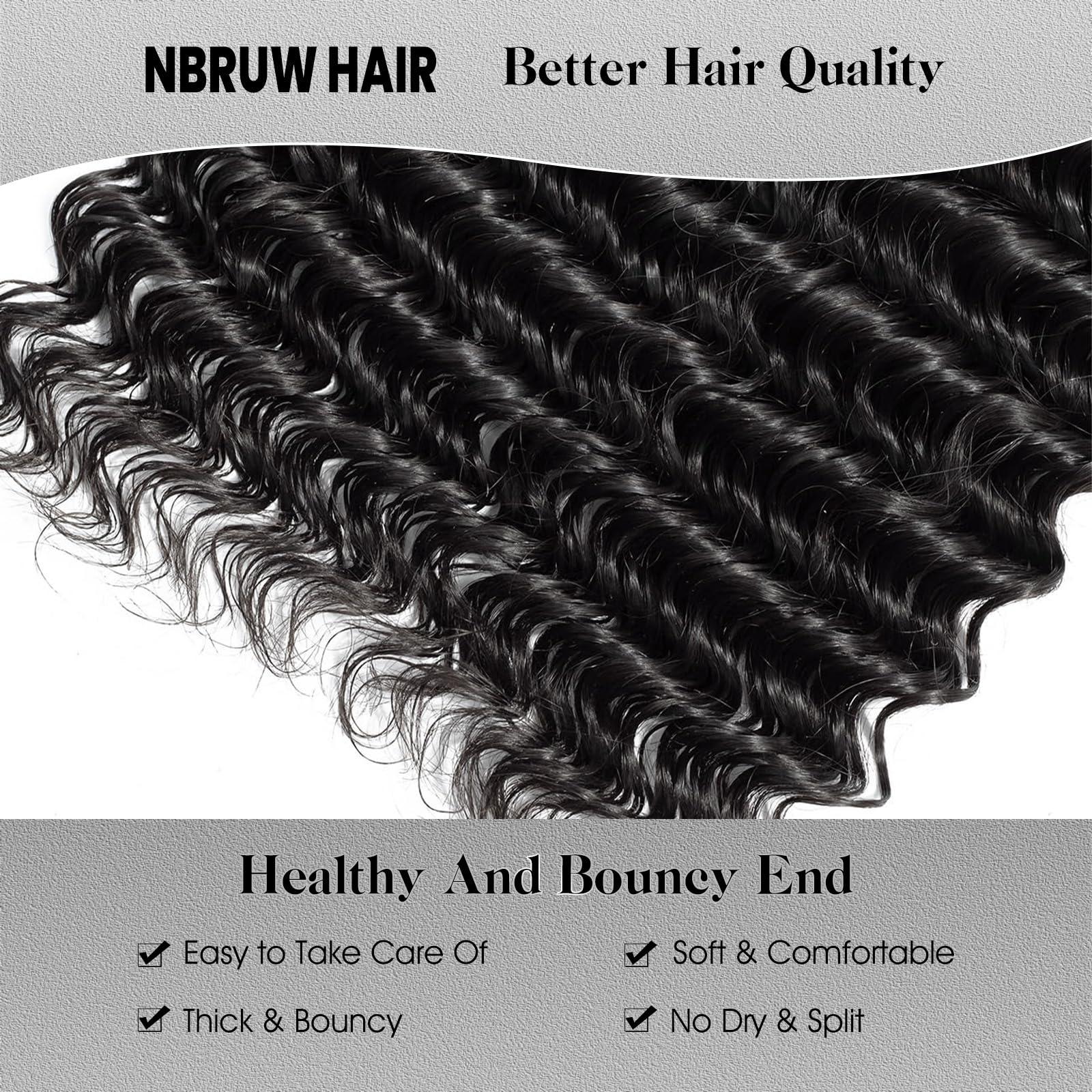 NBRUW Human Hair Bundles 20 22 24 26 Inch Deep Wave Bundles Human Hair 12A 4 Bundles Human Hair 100% Unprocessed Virgin Deep Curly Human Hair Bundles Deals Real Human Hair Extensions Natural Black