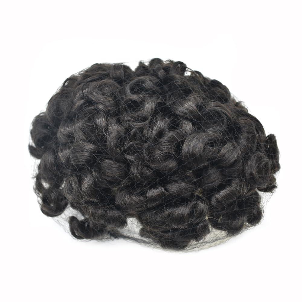 LYRICAL HAIR LYRICAL HAIR Curly Hair Piece Toupee for Black Men Hair System Replacement Monofilament Mens Wig Poly Skin Pu Hair Unit for Men (7\"X9\", 1B Off Black-25MM Curl)