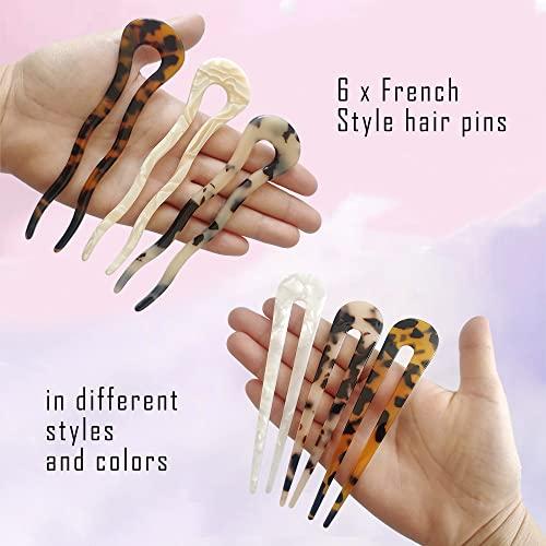 metulip 6 Pcs U-Shaped Hair Pins French Style Hair Pin Updo Bun Hair Sticks Wavy Chignon Pins Hair Accessories for Women and Girls
