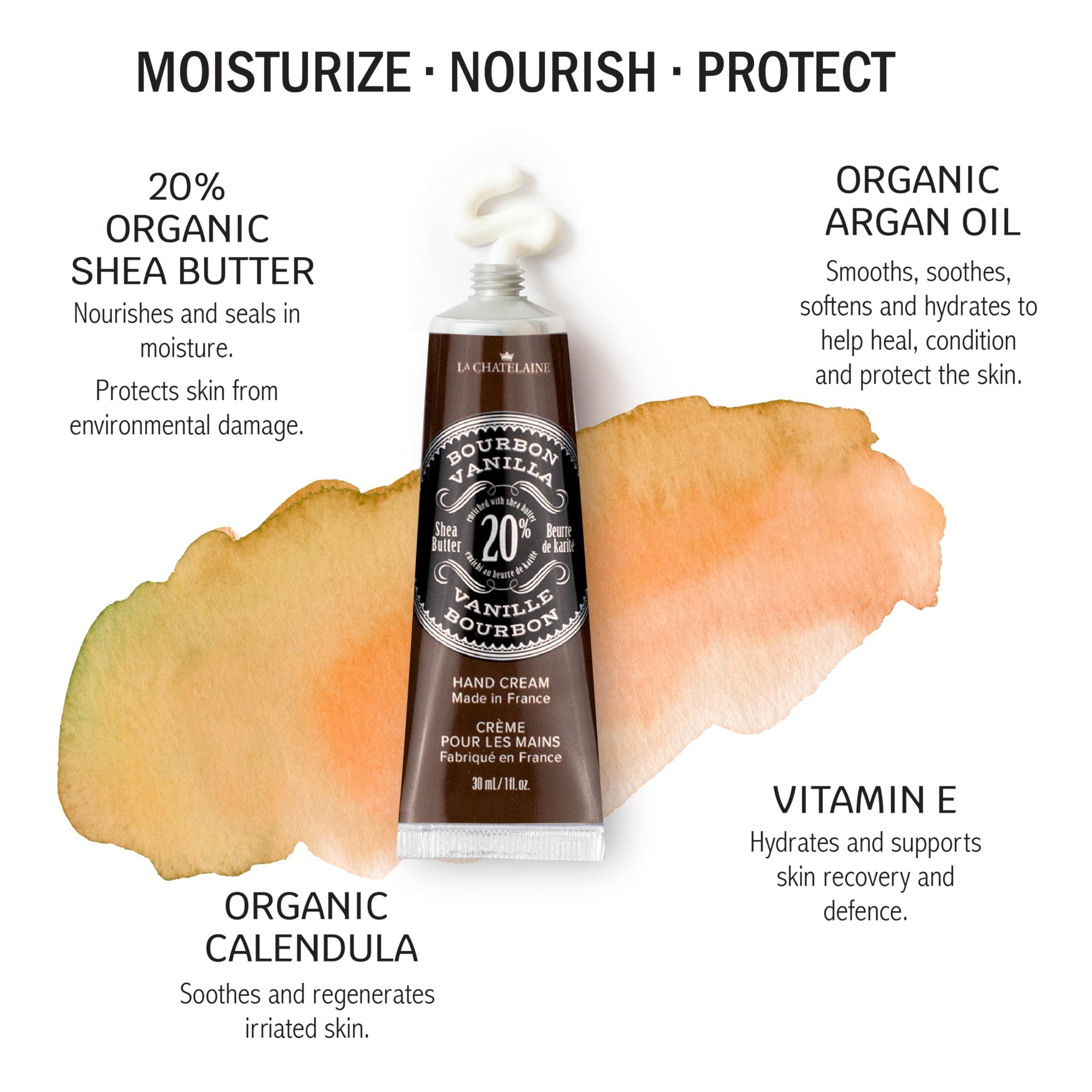 La Chatelaine La Chatelaine 20% Shea Butter Hand Cream Travel Size, Men, Unisex, Organic Argan Oil, Moisturizing, Nourishing, Extra-Rich Hand Lotion, Made in France, Paraben Free, 1 oz / 30ml (Bourbon Vanilla)