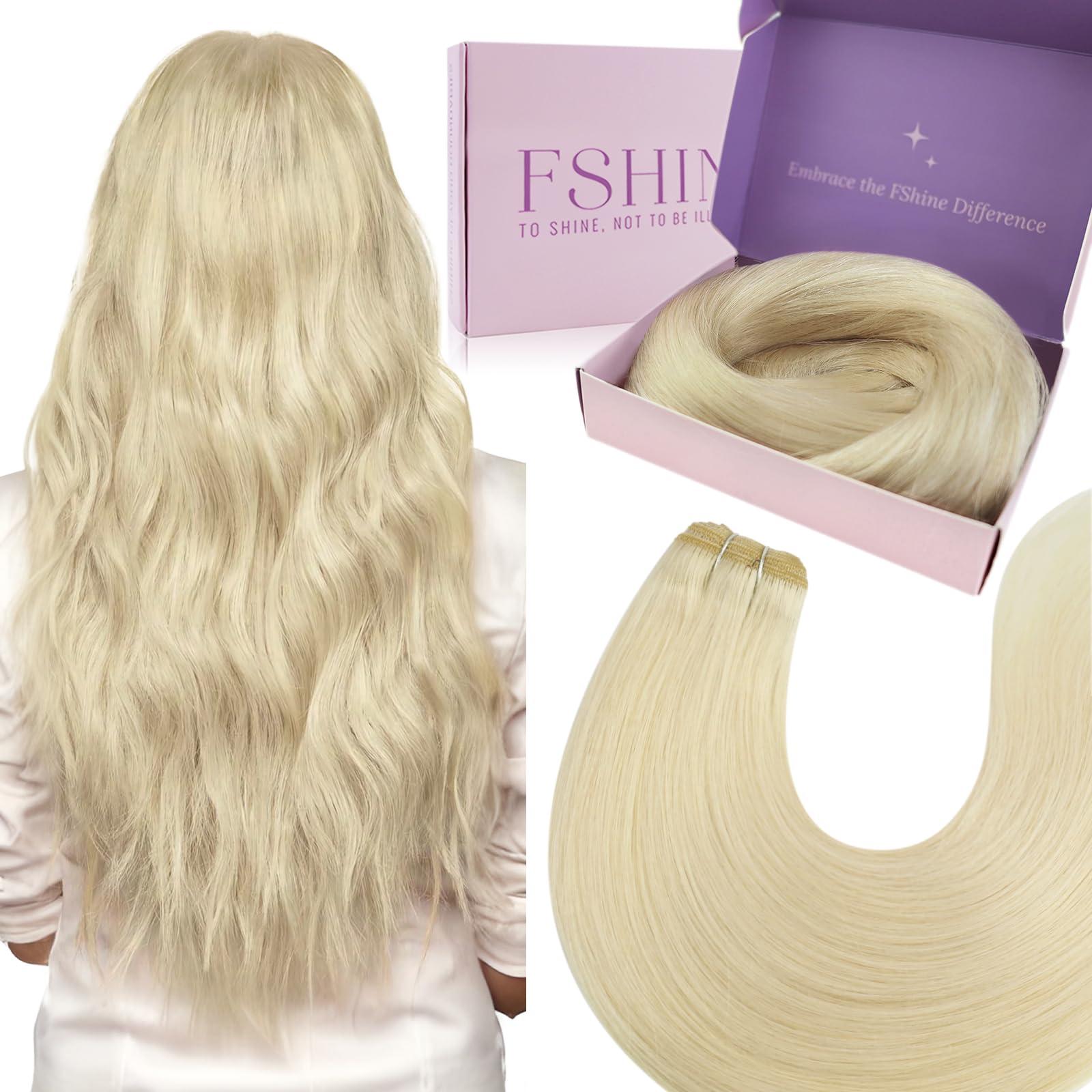 Fshine Fshine Platinum Blonde Weft Hair Extensions Sew in Human Hair 20 Inch 100 Gram Blonde Sew in Hair Extension Double Weft Straight Real Human Hair Bundle for Women